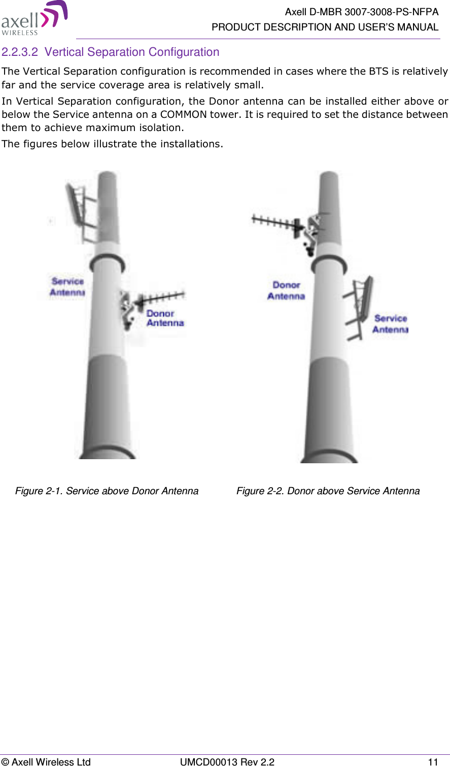   Axell D-MBR 3007-3008-PS-NFPA PRODUCT DESCRIPTION AND USER’S MANUAL © Axell Wireless Ltd  UMCD00013 Rev 2.2  11 2.2.3.2  Vertical Separation Configuration The Vertical Separation configuration is recommended in cases where the BTS is relatively far and the service coverage area is relatively small. In Vertical Separation configuration, the Donor antenna can be installed either above or below the Service antenna on a COMMON tower. It is required to set the distance between them to achieve maximum isolation.  The figures below illustrate the installations.     Figure 2-1. Service above Donor Antenna  Figure 2-2. Donor above Service Antenna    