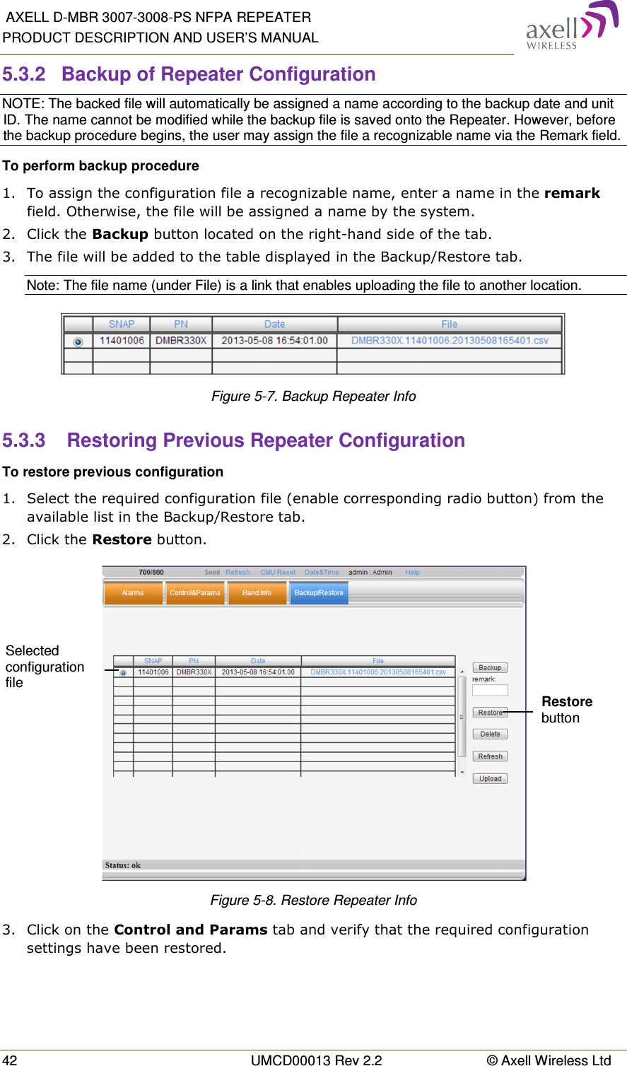  AXELL D-MBR 3007-3008-PS NFPA REPEATER PRODUCT DESCRIPTION AND USER’S MANUAL 42  UMCD00013 Rev 2.2  © Axell Wireless Ltd 5.3.2  Backup of Repeater Configuration NOTE: The backed file will automatically be assigned a name according to the backup date and unit ID. The name cannot be modified while the backup file is saved onto the Repeater. However, before the backup procedure begins, the user may assign the file a recognizable name via the Remark field. To perform backup procedure 1.  To assign the configuration file a recognizable name, enter a name in the remark field. Otherwise, the file will be assigned a name by the system. 2.  Click the Backup button located on the right-hand side of the tab.  3.  The file will be added to the table displayed in the Backup/Restore tab. Note: The file name (under File) is a link that enables uploading the file to another location.  Figure 5-7. Backup Repeater Info 5.3.3   Restoring Previous Repeater Configuration To restore previous configuration 1.  Select the required configuration file (enable corresponding radio button) from the available list in the Backup/Restore tab. 2.  Click the Restore button.  Figure 5-8. Restore Repeater Info 3.  Click on the Control and Params tab and verify that the required configuration settings have been restored. Selected configuration file Restore button 