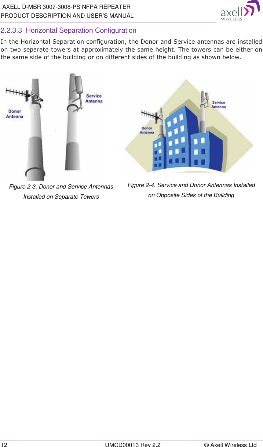  AXELL D-MBR 3007-3008-PS NFPA REPEATER PRODUCT DESCRIPTION AND USER’S MANUAL 12  UMCD00013 Rev 2.2  © Axell Wireless Ltd 2.2.3.3  Horizontal Separation Configuration  ,QWKH+RUL]RQWDO6HSDUDWLRQFRQILJXUDWLRQWKH&apos;RQRUDQG6HUYLFHDQWHQQDVDUHLQVWDOOHGRQWZRVHSDUDWHWRZHUVDWDSSUR[LPDWHO\WKHVDPHKHLJKW7KHWRZHUVFDQEHHLWKHURQWKHVDPHVLGHRIWKHEXLOGLQJRURQGLIIHUHQWVLGHVRIWKHEXLOGLQJDVVKRZQEHORZ Figure 2-3. Donor and Service Antennas Installed on Separate Towers    Figure 2-4. Service and Donor Antennas Installed on Opposite Sides of the Building 