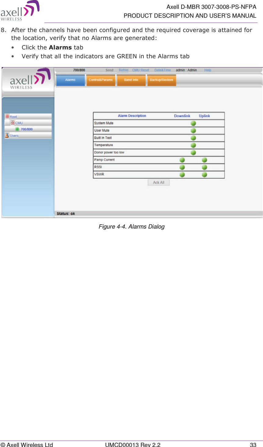   Axell D-MBR 3007-3008-PS-NFPA PRODUCT DESCRIPTION AND USER’S MANUAL © Axell Wireless Ltd  UMCD00013 Rev 2.2  33  $IWHUWKHFKDQQHOVKDYHEHHQFRQILJXUHGDQGWKHUHTXLUHGFRYHUDJHLVDWWDLQHGIRUWKHORFDWLRQYHULI\WKDWQR$ODUPVDUHJHQHUDWHG• &amp;OLFNWKH$ODUPVWDE• 9HULI\WKDWDOOWKHLQGLFDWRUVDUH*5((1LQWKH$ODUPVWDE Figure 4-4. Alarms Dialog   