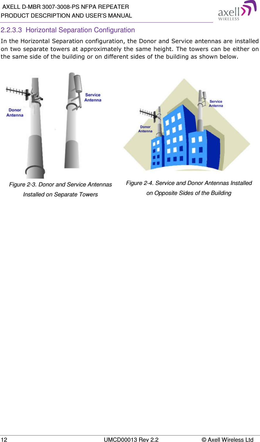  AXELL D-MBR 3007-3008-PS NFPA REPEATER PRODUCT DESCRIPTION AND USER’S MANUAL 12  UMCD00013 Rev 2.2  © Axell Wireless Ltd 2.2.3.3  Horizontal Separation Configuration  In the Horizontal Separation configuration, the Donor and Service antennas are installed on two separate towers at approximately the same height. The towers can be either on the same side of the building or on different sides of the building as shown below.   Figure 2-3. Donor and Service Antennas Installed on Separate Towers    Figure 2-4. Service and Donor Antennas Installed on Opposite Sides of the Building 