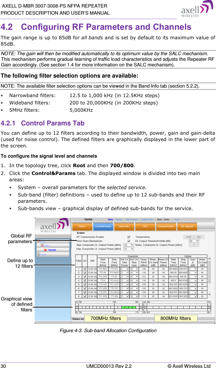  AXELL D-MBR 3007-3008-PS NFPA REPEATER PRODUCT DESCRIPTION AND USER’S MANUAL 30  UMCD00013 Rev 2.2  © Axell Wireless Ltd 4.2  Configuring RF Parameters and Channels  The gain range is up to 85dB for all bands and is set by default to its maximum value of 85dB.  NOTE: The gain will then be modified automatically to its optimum value by the SALC mechanism. This mechanism performs gradual learning of traffic load characteristics and adjusts the Repeater RF Gain accordingly. (See section 1.4 for more information on the SALC mechanism). The following filter selection options are available: NOTE: The available filter selection options can be viewed in the Band Info tab (section 5.2.2). • Narrowband filters:  12.5 to 1,000 kHz (in 12.5KHz steps) • Wideband filters:    200 to 20,000KHz (in 200KHz steps) • 5MHz filters:    5,000KHz 4.2.1  Control Params Tab You can define up to 12 filters according to their bandwidth, power, gain and gain-delta (used for noise control). The defined filters are graphically displayed in the lower part of the screen. To configure the signal level and channels 1.  In the topology tree, click Root and then 700/800. 2.  Click the Control&amp;Params tab. The displayed window is divided into two main areas: • System – overall parameters for the selected service. • Sub-band (filter) definitions – used to define up to 12 sub-bands and their RF parameters.  • Sub-bands view – graphical display of defined sub-bands for the service.   Figure 4-3. Sub-band Allocation Configuration    Global RF parametersDefine up to 12 filtersGraphical view of defined filters700MHz filters  800MHz filters 