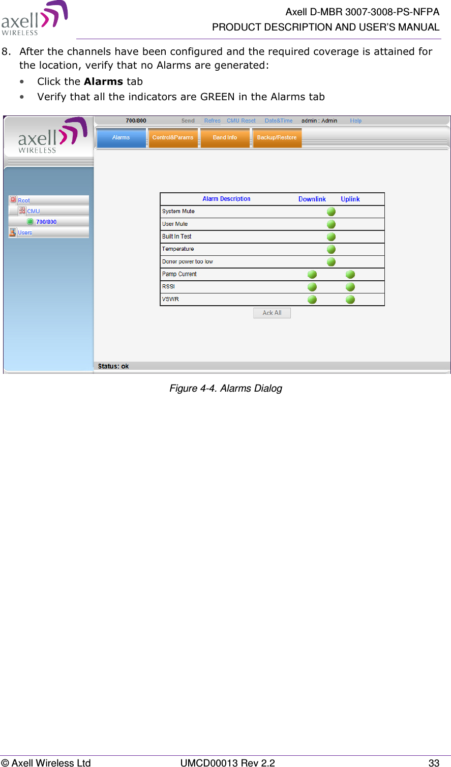   Axell D-MBR 3007-3008-PS-NFPA PRODUCT DESCRIPTION AND USER’S MANUAL © Axell Wireless Ltd  UMCD00013 Rev 2.2  33 8.  After the channels have been configured and the required coverage is attained for the location, verify that no Alarms are generated:  • Click the Alarms tab  • Verify that all the indicators are GREEN in the Alarms tab  Figure 4-4. Alarms Dialog   