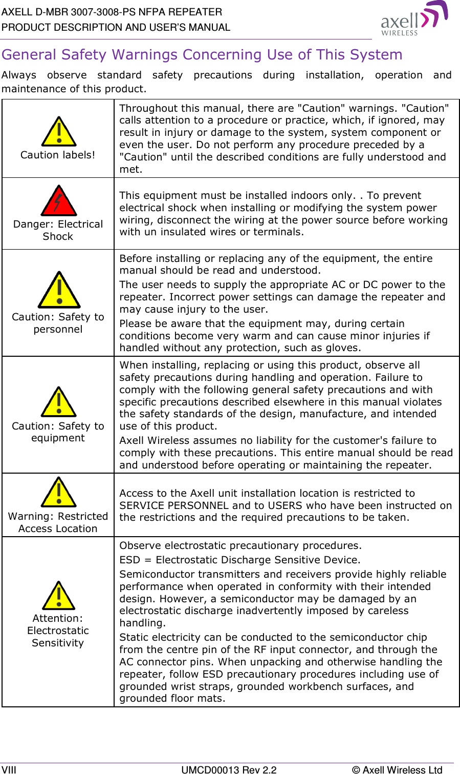 AXELL D-MBR 3007-3008-PS NFPA REPEATER PRODUCT DESCRIPTION AND USER’S MANUAL VIII  UMCD00013 Rev 2.2  © Axell Wireless Ltd General Safety Warnings Concerning Use of This System Always  observe  standard  safety  precautions  during  installation,  operation  and maintenance of this product.  Caution labels! Throughout this manual, there are &quot;Caution&quot; warnings. &quot;Caution&quot; calls attention to a procedure or practice, which, if ignored, may result in injury or damage to the system, system component or even the user. Do not perform any procedure preceded by a &quot;Caution&quot; until the described conditions are fully understood and met.   Danger: Electrical Shock This equipment must be installed indoors only. . To prevent electrical shock when installing or modifying the system power wiring, disconnect the wiring at the power source before working with un insulated wires or terminals.  Caution: Safety to personnel Before installing or replacing any of the equipment, the entire manual should be read and understood. The user needs to supply the appropriate AC or DC power to the repeater. Incorrect power settings can damage the repeater and may cause injury to the user. Please be aware that the equipment may, during certain conditions become very warm and can cause minor injuries if handled without any protection, such as gloves.  Caution: Safety to equipment When installing, replacing or using this product, observe all safety precautions during handling and operation. Failure to comply with the following general safety precautions and with specific precautions described elsewhere in this manual violates the safety standards of the design, manufacture, and intended use of this product.  Axell Wireless assumes no liability for the customer&apos;s failure to comply with these precautions. This entire manual should be read and understood before operating or maintaining the repeater.  Warning: Restricted Access Location Access to the Axell unit installation location is restricted to SERVICE PERSONNEL and to USERS who have been instructed on the restrictions and the required precautions to be taken.  Attention: Electrostatic Sensitivity  Observe electrostatic precautionary procedures. ESD = Electrostatic Discharge Sensitive Device.  Semiconductor transmitters and receivers provide highly reliable performance when operated in conformity with their intended design. However, a semiconductor may be damaged by an electrostatic discharge inadvertently imposed by careless handling. Static electricity can be conducted to the semiconductor chip from the centre pin of the RF input connector, and through the AC connector pins. When unpacking and otherwise handling the repeater, follow ESD precautionary procedures including use of grounded wrist straps, grounded workbench surfaces, and grounded floor mats.    