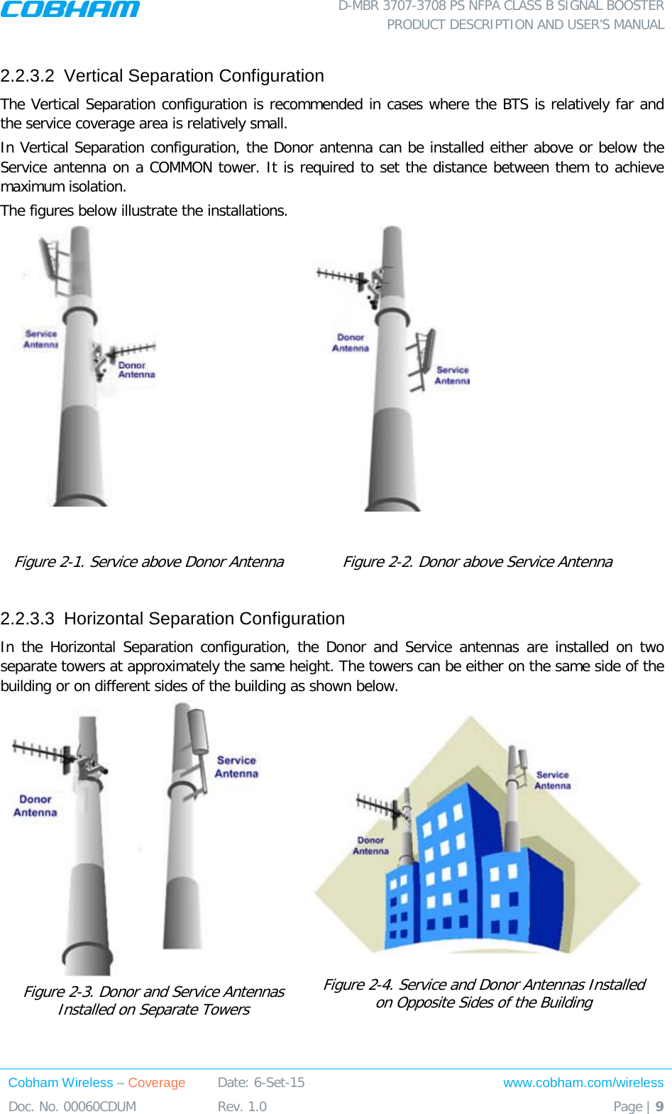  D-MBR 3707-3708 PS NFPA CLASS B SIGNAL BOOSTER PRODUCT DESCRIPTION AND USER’S MANUAL Cobham Wireless – Coverage Date: 6-Set-15 www.cobham.com/wireless Doc. No. 00060CDUM  Rev. 1.0  Page | 9  2.2.3.2  Vertical Separation Configuration The Vertical Separation configuration is recommended in cases where the BTS is relatively far and the service coverage area is relatively small. In Vertical Separation configuration, the Donor antenna can be installed either above or below the Service antenna on a COMMON tower. It is required to set the distance between them to achieve maximum isolation.  The figures below illustrate the installations.    Figure  2-1. Service above Donor Antenna Figure  2-2. Donor above Service Antenna 2.2.3.3  Horizontal Separation Configuration  In the Horizontal Separation configuration, the Donor and Service antennas are installed on two separate towers at approximately the same height. The towers can be either on the same side of the building or on different sides of the building as shown below.  Figure  2-3. Donor and Service Antennas Installed on Separate Towers    Figure  2-4. Service and Donor Antennas Installed on Opposite Sides of the Building 