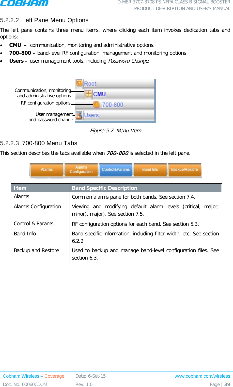  D-MBR 3707-3708 PS NFPA CLASS B SIGNAL BOOSTER PRODUCT DESCRIPTION AND USER’S MANUAL Cobham Wireless – Coverage Date: 6-Set-15 www.cobham.com/wireless Doc. No. 00060CDUM  Rev. 1.0  Page | 39  5.2.2.2  Left Pane Menu Options The  left pane contains three menu items, where clicking each item invokes dedication tabs and options:  • CMU  –  communication, monitoring and administrative options.  • 700-800 – band-level RF configuration, management and monitoring options • Users – user management tools, including Password Change.   Figure  5-7. Menu Item 5.2.2.3  700-800 Menu Tabs  This section describes the tabs available when 700-800 is selected in the left pane.  Item Band Specific Description Alarms  Common alarms pane for both bands. See section  7.4. Alarms Configuration Viewing and modifying default alarm levels (critical, major, minor), major). See section  7.5.  Control &amp; Params  RF configuration options for each band. See section  5.3.  Band Info  Band specific information, including filter width, etc. See section  6.2.2 Backup and Restore Used to backup and manage band-level configuration files. See section  6.3.  User management and password change Communication, monitoring and administrative options RF configuration options 