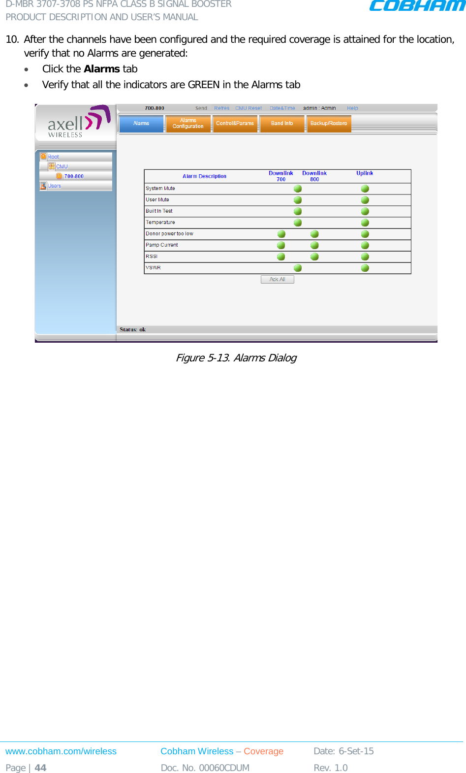 D-MBR 3707-3708 PS NFPA CLASS B SIGNAL BOOSTER PRODUCT DESCRIPTION AND USER’S MANUAL www.cobham.com/wireless Cobham Wireless – Coverage Date: 6-Set-15 Page | 44 Doc. No. 00060CDUM Rev. 1.0  10. After the channels have been configured and the required coverage is attained for the location, verify that no Alarms are generated:  • Click the Alarms tab  • Verify that all the indicators are GREEN in the Alarms tab  Figure  5-13. Alarms Dialog  