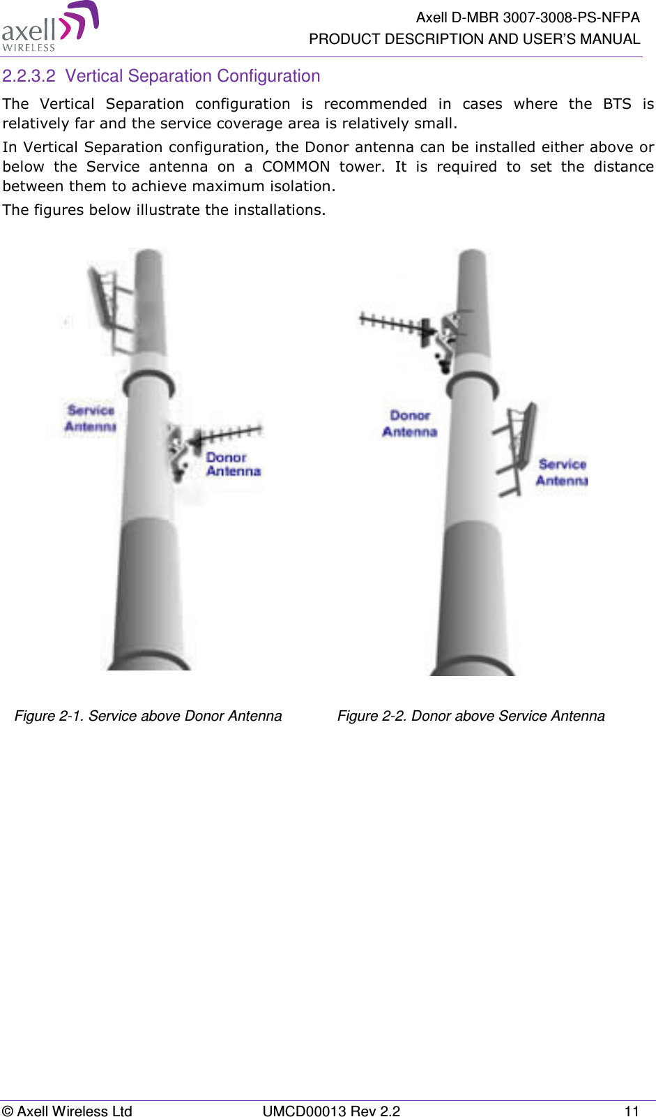   Axell D-MBR 3007-3008-PS-NFPA PRODUCT DESCRIPTION AND USER’S MANUAL © Axell Wireless Ltd  UMCD00013 Rev 2.2  11 2.2.3.2  Vertical Separation Configuration The  Vertical  Separation  configuration  is  recommended  in  cases  where  the  BTS  is relatively far and the service coverage area is relatively small. In Vertical Separation configuration, the Donor antenna can be installed either above or below  the  Service  antenna  on  a  COMMON  tower.  It  is  required  to  set  the  distance between them to achieve maximum isolation.  The figures below illustrate the installations.     Figure  2-1. Service above Donor Antenna  Figure  2-2. Donor above Service Antenna    