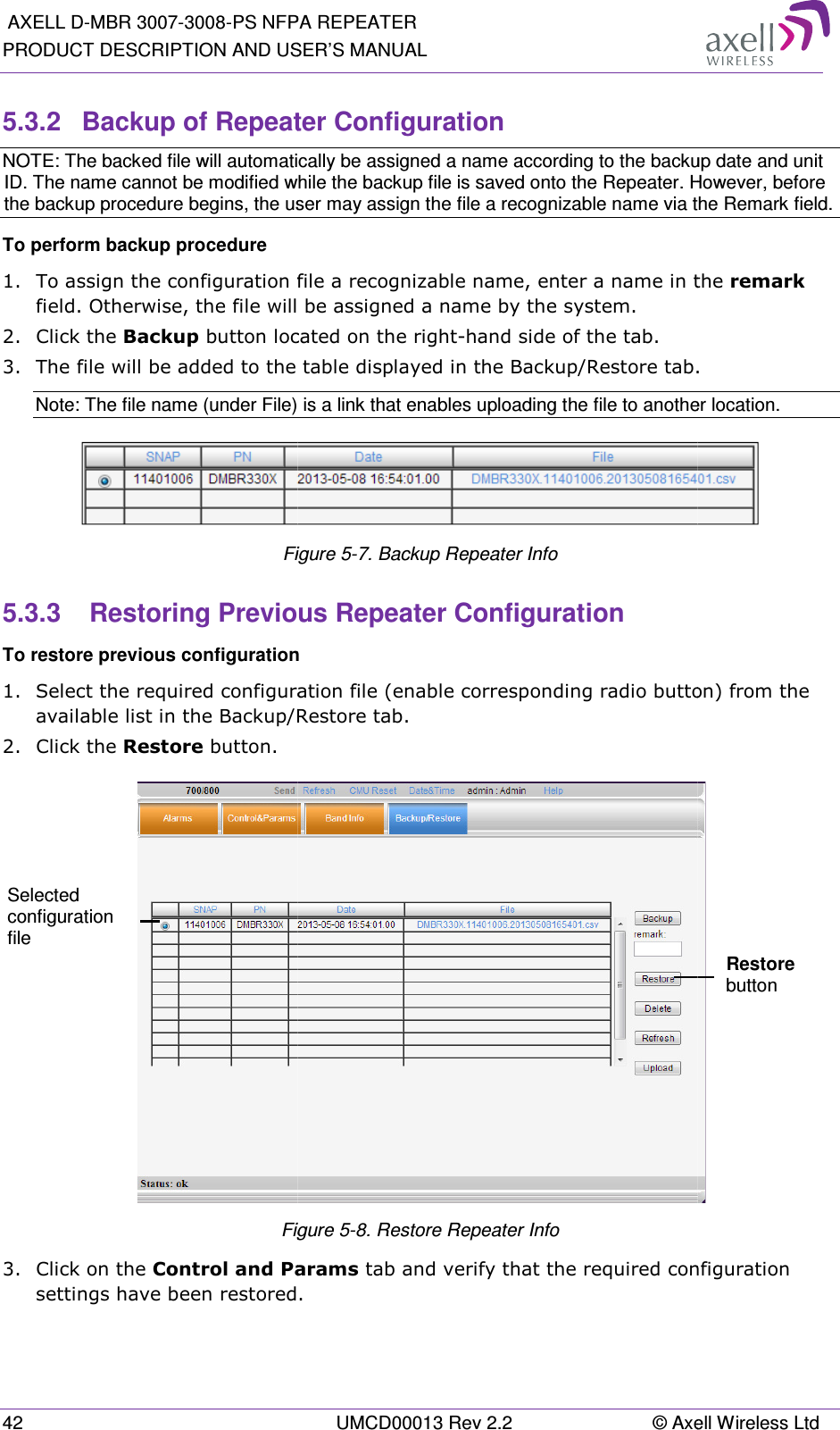  AXELL D-MBR 3007-3008-PS NFPPRODUCT DESCRIPTION AND US42 5.3.2 Backup of RepeatNOTE: The backed file will automatiID. The name cannot be modified whthe backup procedure begins, the usTo perform backup procedure 1.  To assign the configuration fifield. Otherwise, the file will b2.  Click the Backup button loca3. The file will be added to the tNote: The file name (under File) Fi5.3.3   Restoring PreviouTo restore previous configuration1. Select the required configuratavailable list in the Backup/R2.  Click the Restore button. Fig3.  Click on the Control and Parsettings have been restored.Selected configuration file PA REPEATER SER’S MANUAL UMCD00013 Rev 2.2  © Axeater Configuration tically be assigned a name according to the backuwhile the backup file is saved onto the Repeater. Huser may assign the file a recognizable name via thfile a recognizable name, enter a name in thill be assigned a name by the system. located on the right-hand side of the tab.  he table displayed in the Backup/Restore tab.e) is a link that enables uploading the file to anotheFigure  5-7. Backup Repeater Info ious Repeater Configuration n uration file (enable corresponding radio buttonp/Restore tab. Figure  5-8. Restore Repeater Info  Params tab and verify that the required confied. xell Wireless Ltd kup date and unit  However, before  the Remark field. n the remark ab. er location.  tton) from the  onfiguration Restore button 