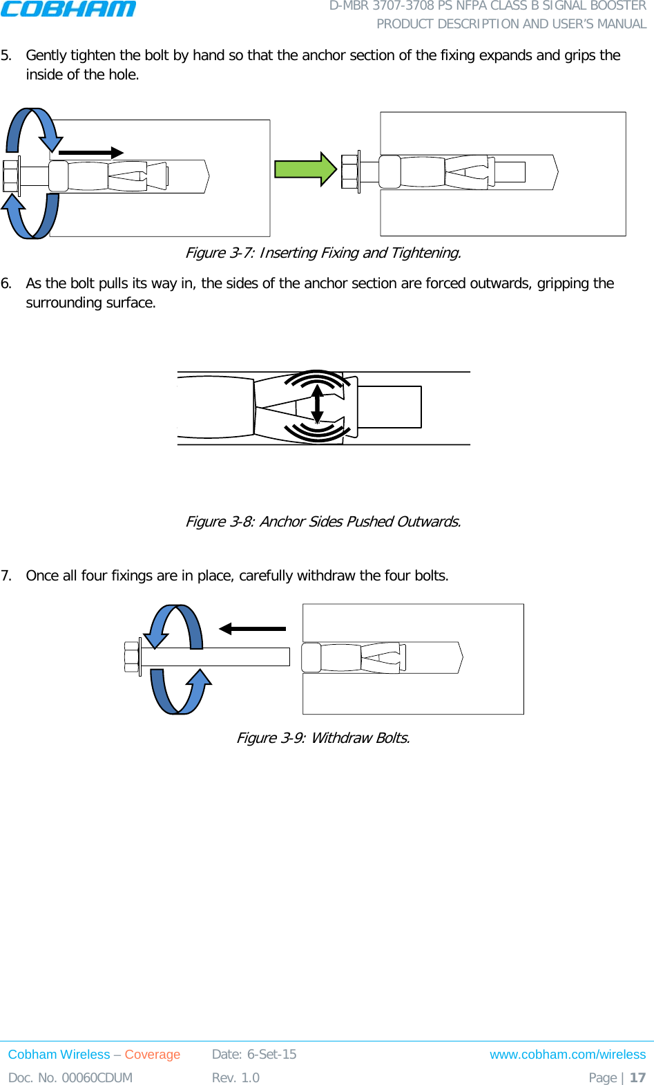  D-MBR 3707-3708 PS NFPA CLASS B SIGNAL BOOSTER PRODUCT DESCRIPTION AND USER’S MANUAL Cobham Wireless – Coverage Date: 6-Set-15 www.cobham.com/wireless Doc. No. 00060CDUM  Rev. 1.0  Page | 17  5.  Gently tighten the bolt by hand so that the anchor section of the fixing expands and grips the inside of the hole.                   Figure  3-7: Inserting Fixing and Tightening. 6.  As the bolt pulls its way in, the sides of the anchor section are forced outwards, gripping the surrounding surface.  Figure  3-8: Anchor Sides Pushed Outwards.  7.  Once all four fixings are in place, carefully withdraw the four bolts.   Figure  3-9: Withdraw Bolts.   