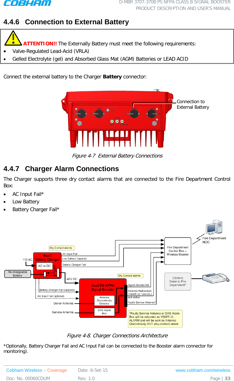  D-MBR 3707-3708 PS NFPA CLASS B SIGNAL BOOSTER PRODUCT DESCRIPTION AND USER’S MANUAL Cobham Wireless – Coverage Date: 6-Set-15 www.cobham.com/wireless Doc. No. 00060CDUM  Rev. 1.0  Page | 33  4.4.6  Connection to External Battery  ATTENTION!! The Externally Battery must meet the following requirements: • Valve-Regulated Lead-Acid (VRLA) • Gelled Electrolyte (gel) and Absorbed Glass Mat (AGM) Batteries or LEAD ACID   Connect the external battery to the Charger Battery connector:  Figure  4-7  External Battery Connections 4.4.7  Charger Alarm Connections The Charger supports three dry contact alarms that are connected to the Fire Department Control Box:  • AC Input Fail* • Low Battery • Battery Charger Fail*  Figure  4-8. Charger Connections Architecture *Optionally, Battery Charger Fail and AC Input Fail can be connected to the Booster alarm connector for monitoring). Connection to External Battery 