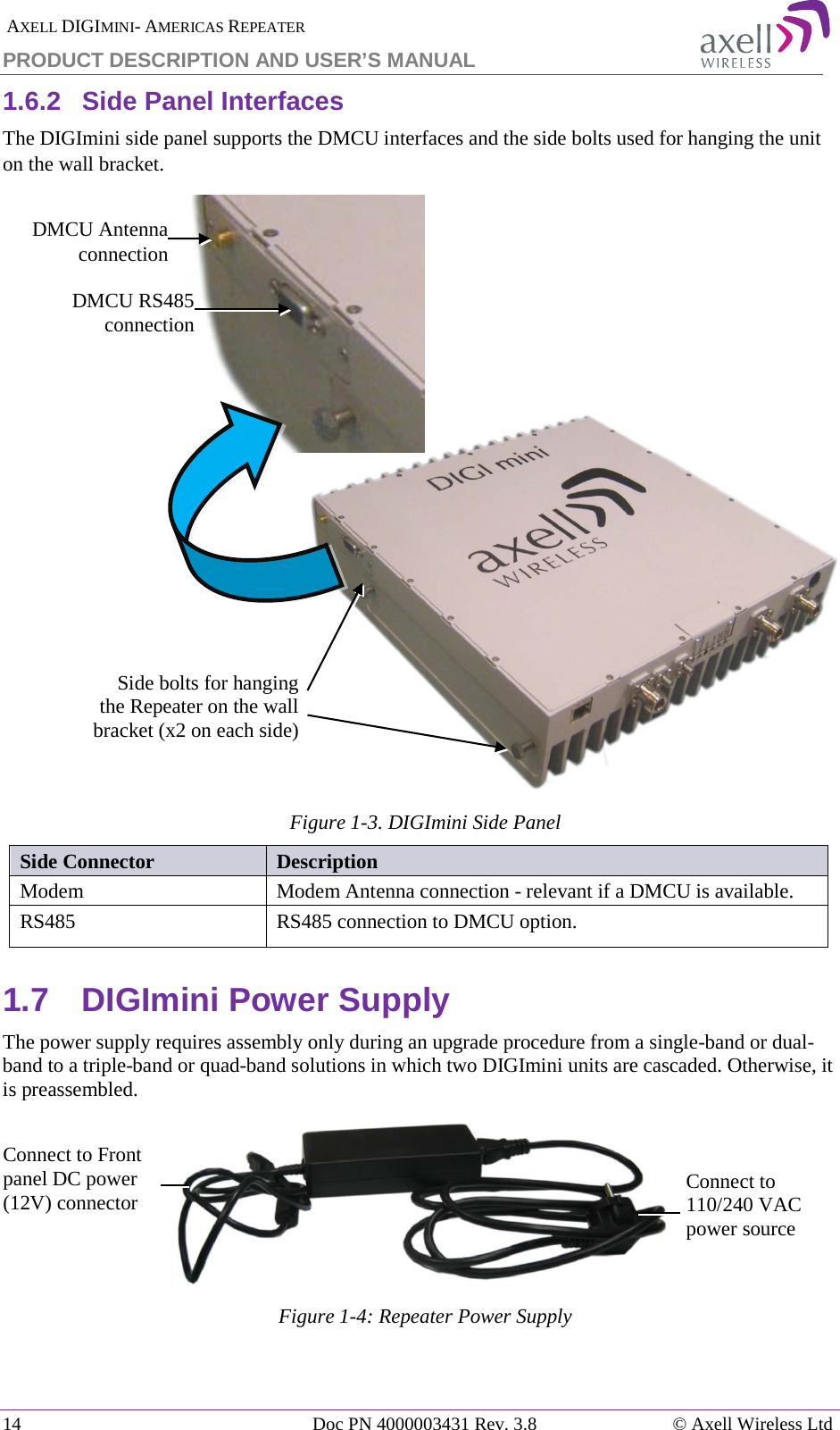  AXELL DIGIMINI- AMERICAS REPEATER PRODUCT DESCRIPTION AND USER’S MANUAL 14   Doc PN 4000003431 Rev. 3.8 © Axell Wireless Ltd 1.6.2  Side Panel Interfaces The DIGImini side panel supports the DMCU interfaces and the side bolts used for hanging the unit on the wall bracket.        Figure  1-3. DIGImini Side Panel Side Connector Description  Modem  Modem Antenna connection - relevant if a DMCU is available. RS485  RS485 connection to DMCU option. 1.7  DIGImini Power Supply The power supply requires assembly only during an upgrade procedure from a single-band or dual-band to a triple-band or quad-band solutions in which two DIGImini units are cascaded. Otherwise, it is preassembled.  Figure  1-4: Repeater Power Supply Connect to 110/240 VAC power source Connect to Front panel DC power (12V) connector Side bolts for hanging the Repeater on the wall bracket (x2 on each side) DMCU Antenna connection DMCU RS485 connection  