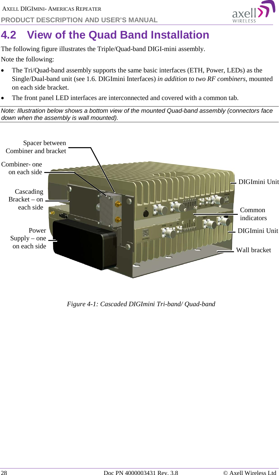  AXELL DIGIMINI- AMERICAS REPEATER PRODUCT DESCRIPTION AND USER’S MANUAL 28   Doc PN 4000003431 Rev. 3.8 © Axell Wireless Ltd 4.2  View of the Quad Band Installation The following figure illustrates the Triple/Quad-band DIGI-mini assembly.  Note the following: • The Tri/Quad-band assembly supports the same basic interfaces (ETH, Power, LEDs) as the Single/Dual-band unit (see  1.6. DIGImini Interfaces) in addition to two RF combiners, mounted on each side bracket.  • The front panel LED interfaces are interconnected and covered with a common tab.  Note: Illustration below shows a bottom view of the mounted Quad-band assembly (connectors face down when the assembly is wall mounted).      Figure  4-1: Cascaded DIGImini Tri-band/ Quad-band    DIGImini Unit Combiner- one on each side Power Supply – one on each side Cascading Bracket – on each side DIGImini Unit Common indicators Wall bracket Spacer between Combiner and bracket 