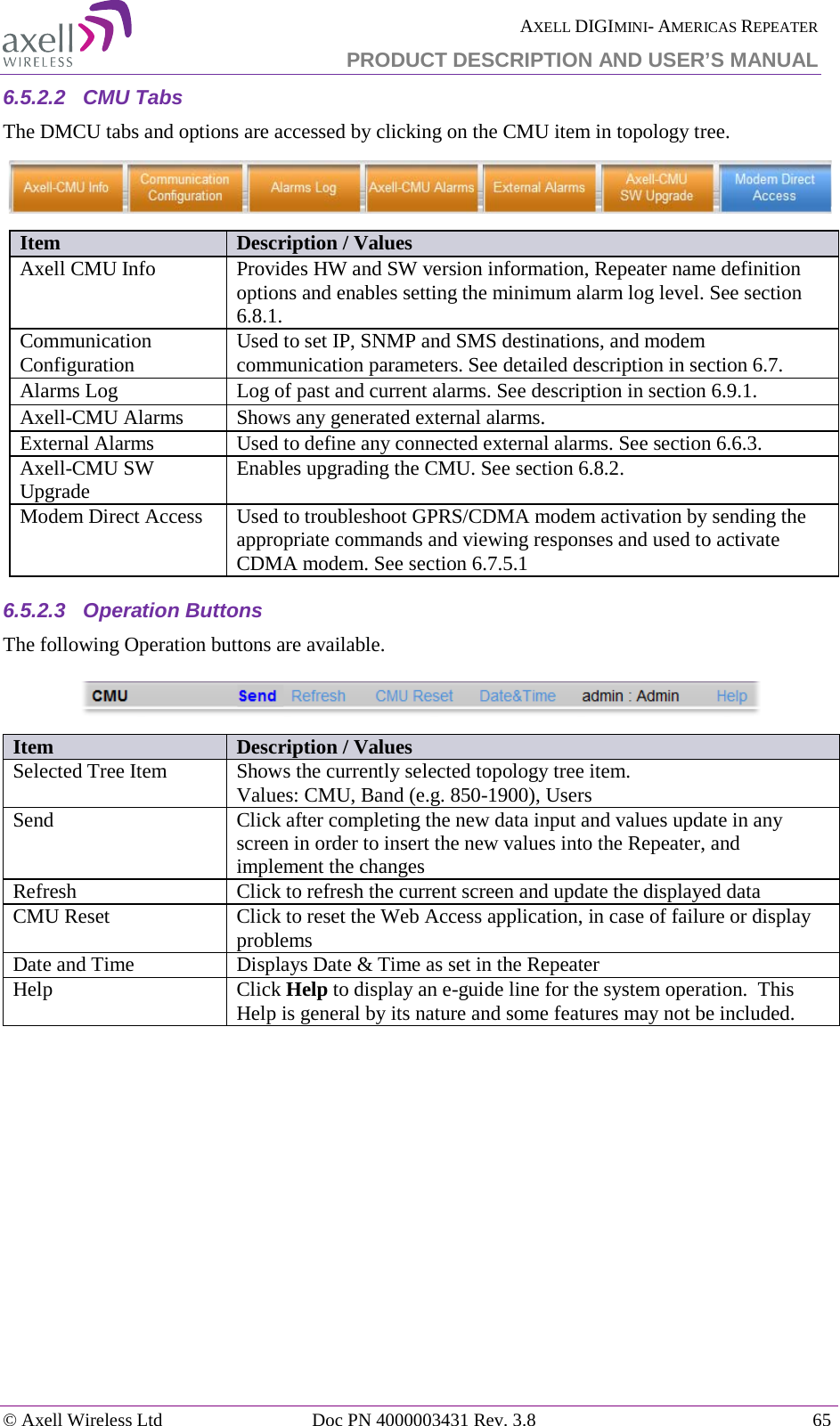  AXELL DIGIMINI- AMERICAS REPEATER PRODUCT DESCRIPTION AND USER’S MANUAL © Axell Wireless Ltd Doc PN 4000003431 Rev. 3.8 65  6.5.2.2  CMU Tabs The DMCU tabs and options are accessed by clicking on the CMU item in topology tree.   Item Description / Values Axell CMU Info Provides HW and SW version information, Repeater name definition options and enables setting the minimum alarm log level. See section  6.8.1. Communication Configuration Used to set IP, SNMP and SMS destinations, and modem communication parameters. See detailed description in section  6.7. Alarms Log Log of past and current alarms. See description in section  6.9.1. Axell-CMU Alarms Shows any generated external alarms.  External Alarms Used to define any connected external alarms. See section  6.6.3. Axell-CMU SW Upgrade Enables upgrading the CMU. See section  6.8.2. Modem Direct Access Used to troubleshoot GPRS/CDMA modem activation by sending the appropriate commands and viewing responses and used to activate CDMA modem. See section  6.7.5.1 6.5.2.3  Operation Buttons  The following Operation buttons are available.  Item Description / Values Selected Tree Item Shows the currently selected topology tree item. Values: CMU, Band (e.g. 850-1900), Users Send Click after completing the new data input and values update in any screen in order to insert the new values into the Repeater, and implement the changes Refresh  Click to refresh the current screen and update the displayed data  CMU Reset Click to reset the Web Access application, in case of failure or display problems Date and Time Displays Date &amp; Time as set in the Repeater Help Click Help to display an e-guide line for the system operation.  This Help is general by its nature and some features may not be included.     