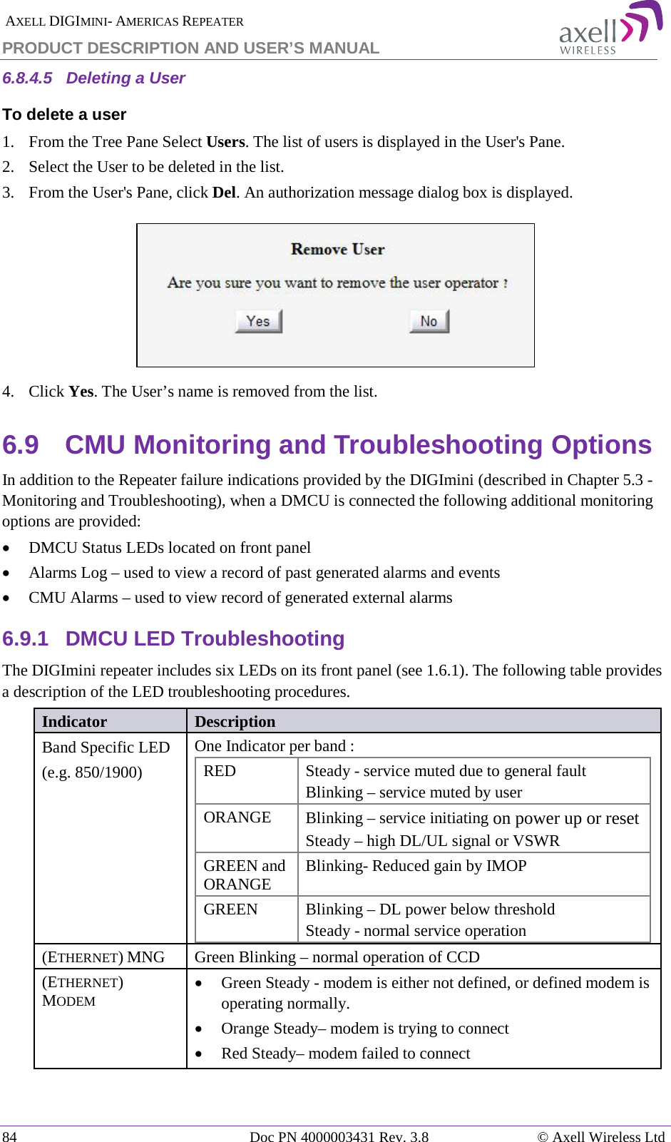  AXELL DIGIMINI- AMERICAS REPEATER PRODUCT DESCRIPTION AND USER’S MANUAL 84   Doc PN 4000003431 Rev. 3.8 © Axell Wireless Ltd 6.8.4.5  Deleting a User  To delete a user 1.  From the Tree Pane Select Users. The list of users is displayed in the User&apos;s Pane. 2.  Select the User to be deleted in the list.  3.  From the User&apos;s Pane, click Del. An authorization message dialog box is displayed.  4.  Click Yes. The User’s name is removed from the list.  6.9  CMU Monitoring and Troubleshooting Options In addition to the Repeater failure indications provided by the DIGImini (described in Chapter  5.3 - Monitoring and Troubleshooting), when a DMCU is connected the following additional monitoring options are provided:  • DMCU Status LEDs located on front panel  • Alarms Log – used to view a record of past generated alarms and events • CMU Alarms – used to view record of generated external alarms 6.9.1  DMCU LED Troubleshooting The DIGImini repeater includes six LEDs on its front panel (see  1.6.1). The following table provides a description of the LED troubleshooting procedures. Indicator Description Band Specific LED  (e.g. 850/1900)  One Indicator per band : RED Steady - service muted due to general fault Blinking – service muted by user ORANGE Blinking – service initiating on power up or reset  Steady – high DL/UL signal or VSWR GREEN and ORANGE Blinking- Reduced gain by IMOP GREEN Blinking – DL power below threshold Steady - normal service operation  (ETHERNET) MNG  Green Blinking – normal operation of CCD  (ETHERNET) MODEM • Green Steady - modem is either not defined, or defined modem is operating normally. • Orange Steady– modem is trying to connect • Red Steady– modem failed to connect  