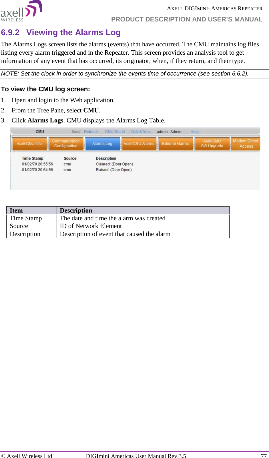  AXELL DIGIMINI- AMERICAS REPEATER PRODUCT DESCRIPTION AND USER’S MANUAL © Axell Wireless Ltd DIGImini Americas User Manual Rev 3.5  77  6.9.2  Viewing the Alarms Log The Alarms Logs screen lists the alarms (events) that have occurred. The CMU maintains log files listing every alarm triggered and in the Repeater. This screen provides an analysis tool to get information of any event that has occurred, its originator, when, if they return, and their type.  NOTE: Set the clock in order to synchronize the events time of occurrence (see section  6.6.2).  To view the CMU log screen:  1.  Open and login to the Web application. 2.  From the Tree Pane, select CMU.  3.  Click Alarms Logs. CMU displays the Alarms Log Table.    Item Description Time Stamp The date and time the alarm was created Source ID of Network Element Description Description of event that caused the alarm    