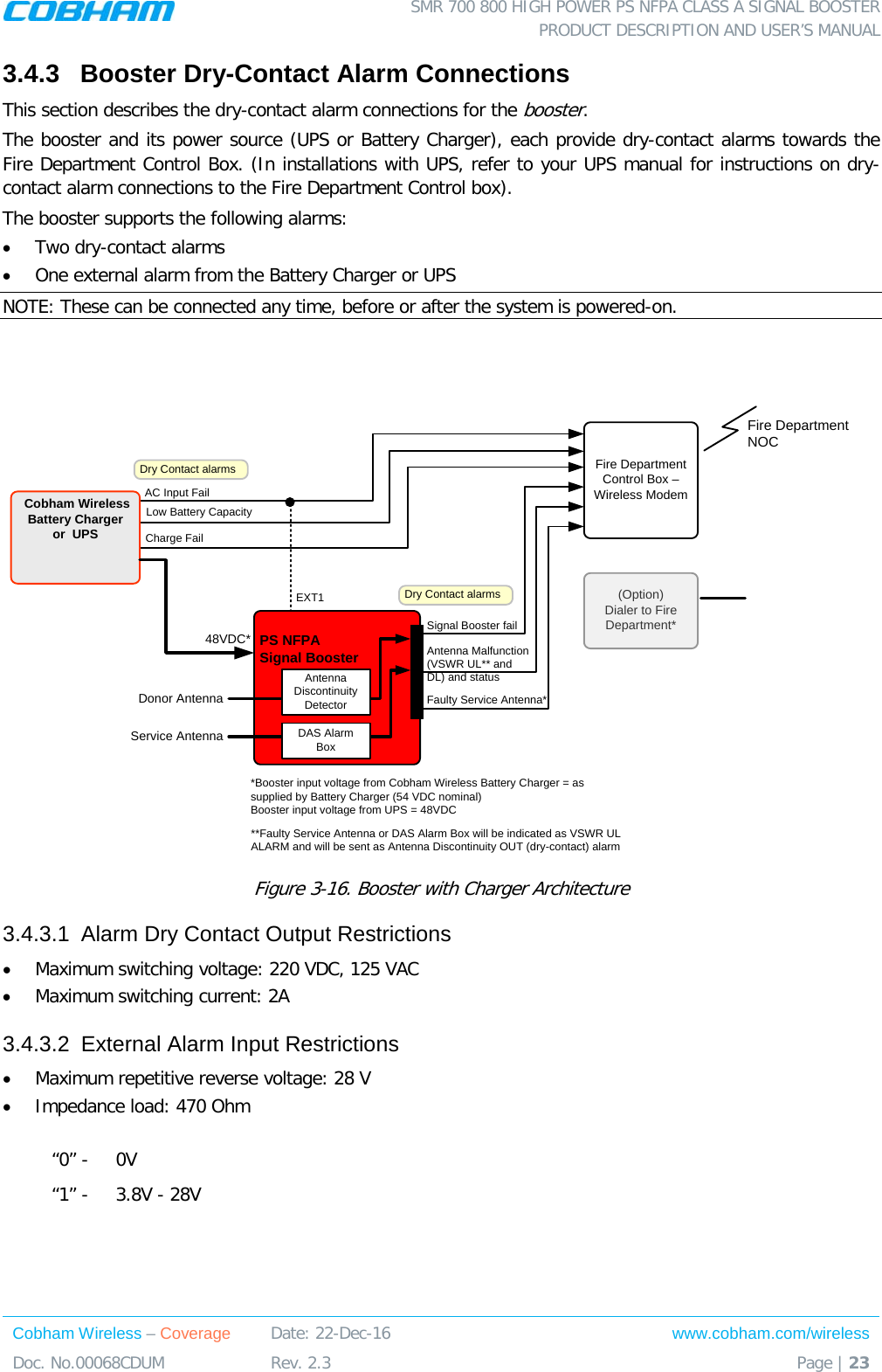  SMR 700 800 HIGH POWER PS NFPA CLASS A SIGNAL BOOSTER  PRODUCT DESCRIPTION AND USER’S MANUAL Cobham Wireless – Coverage Date: 22-Dec-16 www.cobham.com/wireless Doc. No.00068CDUM  Rev. 2.3  Page | 23  3.4.3  Booster Dry-Contact Alarm Connections This section describes the dry-contact alarm connections for the booster.  The booster and its power source (UPS or Battery Charger), each provide dry-contact alarms towards the Fire Department Control Box. (In installations with UPS, refer to your UPS manual for instructions on dry-contact alarm connections to the Fire Department Control box). The booster supports the following alarms: • Two dry-contact alarms • One external alarm from the Battery Charger or UPS NOTE: These can be connected any time, before or after the system is powered-on.  Fire Department Control Box – Wireless ModemCharge FailLow Battery CapacitySignal Booster failFire Department NOC Service Antenna (Option) Dialer to Fire Department*PS NFPASignal BoosterDonor AntennaDry Contact alarmsDry Contact alarms**Faulty Service Antenna or DAS Alarm Box will be indicated as VSWR UL ALARM and will be sent as Antenna Discontinuity OUT (dry-contact) alarm Cobham Wireless Battery Chargeror  UPSAntenna Malfunction(VSWR UL** and DL) and statusAntenna Discontinuity DetectorDAS Alarm BoxFaulty Service Antenna*AC Input FailEXT148VDC**Booster input voltage from Cobham Wireless Battery Charger = as supplied by Battery Charger (54 VDC nominal)Booster input voltage from UPS = 48VDC Figure  3-16. Booster with Charger Architecture 3.4.3.1  Alarm Dry Contact Output Restrictions • Maximum switching voltage: 220 VDC, 125 VAC • Maximum switching current: 2A 3.4.3.2  External Alarm Input Restrictions • Maximum repetitive reverse voltage: 28 V • Impedance load: 470 Ohm  “0” -   0V “1” -   3.8V - 28V  