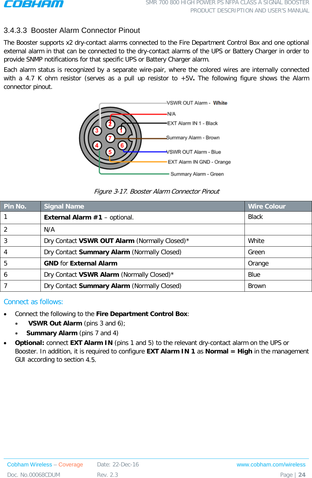  SMR 700 800 HIGH POWER PS NFPA CLASS A SIGNAL BOOSTER  PRODUCT DESCRIPTION AND USER’S MANUAL Cobham Wireless – Coverage Date: 22-Dec-16 www.cobham.com/wireless Doc. No.00068CDUM  Rev. 2.3  Page | 24  3.4.3.3  Booster Alarm Connector Pinout The Booster supports x2 dry-contact alarms connected to the Fire Department Control Box and one optional external alarm in that can be connected to the dry-contact alarms of the UPS or Battery Charger in order to provide SNMP notifications for that specific UPS or Battery Charger alarm.  Each alarm status is recognized by a separate wire-pair, where the colored wires are internally connected with a 4.7 K ohm resistor (serves as a pull up resistor to +5V.  The following figure shows the Alarm connector pinout.  Figure  3-17. Booster Alarm Connector Pinout Pin No. Signal Name Wire Colour 1  External Alarm #1 – optional.  Black 2  N/A   3  Dry Contact VSWR OUT Alarm (Normally Closed)* White 4  Dry Contact Summary Alarm (Normally Closed) Green 5  GND for External Alarm Orange 6  Dry Contact VSWR Alarm (Normally Closed)* Blue 7  Dry Contact Summary Alarm (Normally Closed) Brown Connect as follows: • Connect the following to the Fire Department Control Box: •  VSWR Out Alarm (pins 3 and 6); • Summary Alarm (pins 7 and 4)  • Optional: connect EXT Alarm IN (pins 1 and 5) to the relevant dry-contact alarm on the UPS or Booster. In addition, it is required to configure EXT Alarm IN 1 as Normal = High in the management GUI according to section  4.5.  