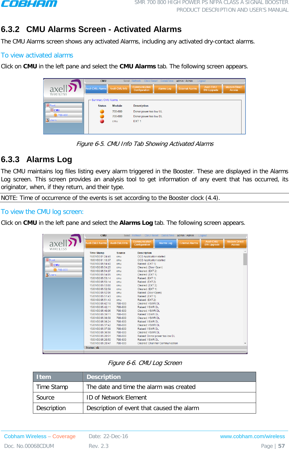  SMR 700 800 HIGH POWER PS NFPA CLASS A SIGNAL BOOSTER  PRODUCT DESCRIPTION AND USER’S MANUAL Cobham Wireless – Coverage Date: 22-Dec-16 www.cobham.com/wireless Doc. No.00068CDUM  Rev. 2.3  Page | 57  6.3.2  CMU Alarms Screen - Activated Alarms The CMU Alarms screen shows any activated Alarms, including any activated dry-contact alarms.  To view activated alarms Click on CMU in the left pane and select the CMU Alarms tab. The following screen appears.   Figure  6-5. CMU Info Tab Showing Activated Alarms 6.3.3  Alarms Log The CMU maintains log files listing every alarm triggered in the Booster. These are displayed in the Alarms Log screen. This screen provides an analysis tool to get information of any event that has occurred, its originator, when, if they return, and their type.  NOTE: Time of occurrence of the events is set according to the Booster clock ( 4.4).  To view the CMU log screen:  Click on CMU in the left pane and select the Alarms Log tab. The following screen appears.   Figure  6-6. CMU Log Screen Item Description Time Stamp The date and time the alarm was created Source ID of Network Element Description  Description of event that caused the alarm  