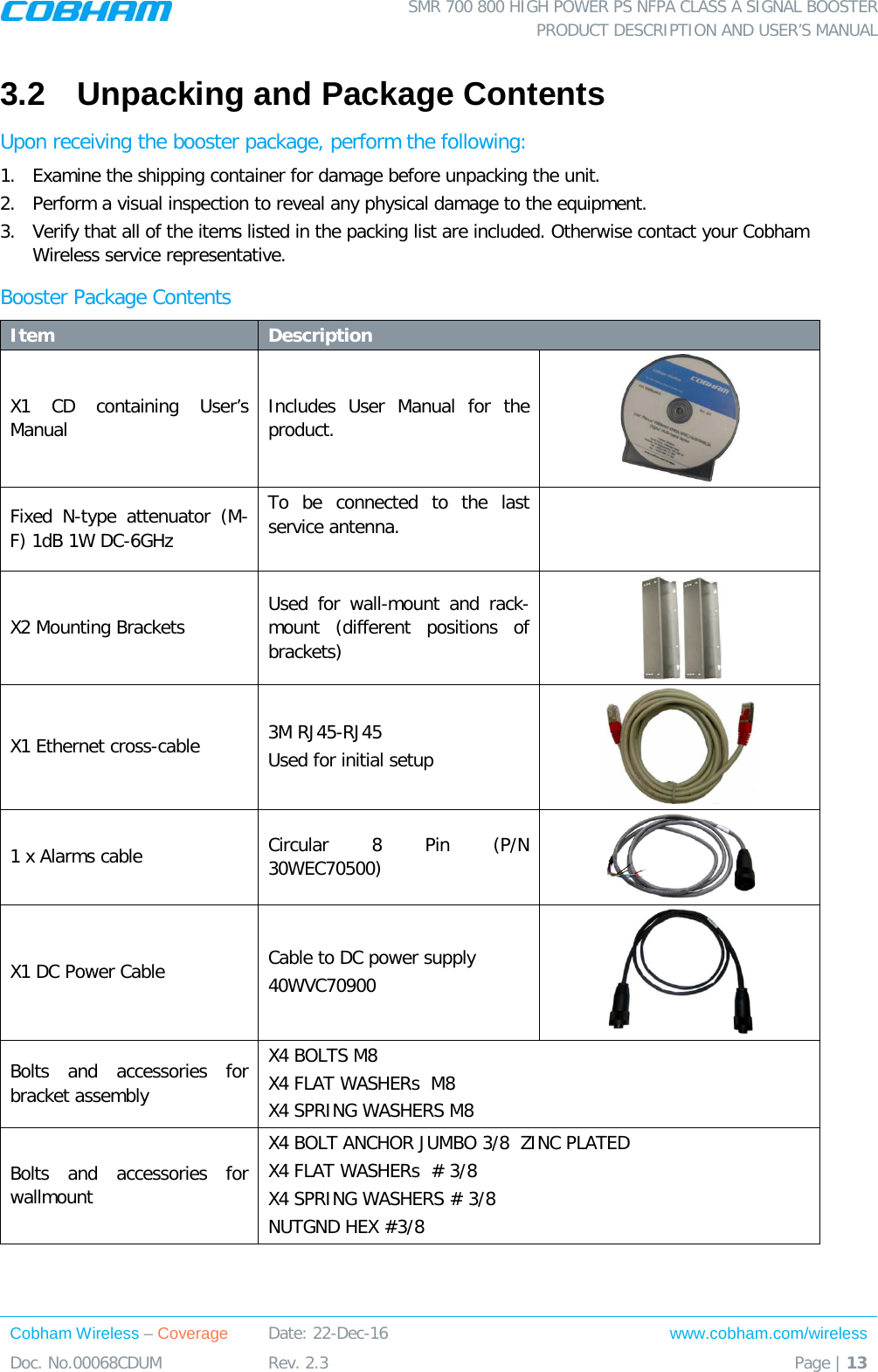  SMR 700 800 HIGH POWER PS NFPA CLASS A SIGNAL BOOSTER  PRODUCT DESCRIPTION AND USER’S MANUAL Cobham Wireless – Coverage Date: 22-Dec-16 www.cobham.com/wireless Doc. No.00068CDUM  Rev. 2.3  Page | 13  3.2  Unpacking and Package Contents Upon receiving the booster package, perform the following:  1.  Examine the shipping container for damage before unpacking the unit. 2.  Perform a visual inspection to reveal any physical damage to the equipment.  3.  Verify that all of the items listed in the packing list are included. Otherwise contact your Cobham Wireless service representative.  Booster Package Contents Item Description X1 CD containing User’s Manual  Includes User Manual for the product.  Fixed N-type attenuator (M-F) 1dB 1W DC-6GHz To be connected to the last service antenna.   X2 Mounting Brackets Used for wall-mount and rack-mount (different positions of brackets)  X1 Ethernet cross-cable 3M RJ45-RJ45 Used for initial setup  1 x Alarms cable Circular 8 Pin (P/N 30WEC70500)  X1 DC Power Cable Cable to DC power supply 40WVC70900  Bolts and accessories for bracket assembly X4 BOLTS M8 X4 FLAT WASHERs  M8 X4 SPRING WASHERS M8 Bolts and accessories for wallmount X4 BOLT ANCHOR JUMBO 3/8  ZINC PLATED X4 FLAT WASHERs  # 3/8 X4 SPRING WASHERS # 3/8 NUTGND HEX #3/8      