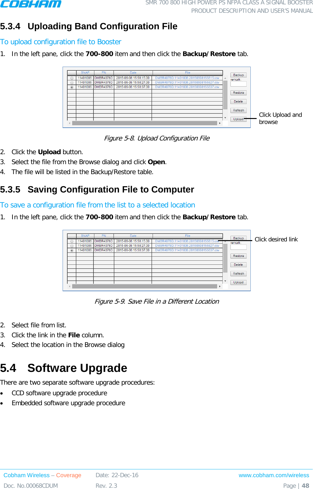  SMR 700 800 HIGH POWER PS NFPA CLASS A SIGNAL BOOSTER  PRODUCT DESCRIPTION AND USER’S MANUAL Cobham Wireless – Coverage Date: 22-Dec-16 www.cobham.com/wireless Doc. No.00068CDUM  Rev. 2.3  Page | 48  5.3.4  Uploading Band Configuration File To upload configuration file to Booster 1.  In the left pane, click the 700-800 item and then click the Backup/Restore tab.   Figure  5-8. Upload Configuration File 2.  Click the Upload button. 3.  Select the file from the Browse dialog and click Open. 4.  The file will be listed in the Backup/Restore table. 5.3.5  Saving Configuration File to Computer To save a configuration file from the list to a selected location 1.  In the left pane, click the 700-800 item and then click the Backup/Restore tab.   Figure  5-9. Save File in a Different Location  2.  Select file from list.  3.  Click the link in the File column. 4.  Select the location in the Browse dialog 5.4  Software Upgrade There are two separate software upgrade procedures: • CCD software upgrade procedure • Embedded software upgrade procedure  Click Upload and browse Click desired link 