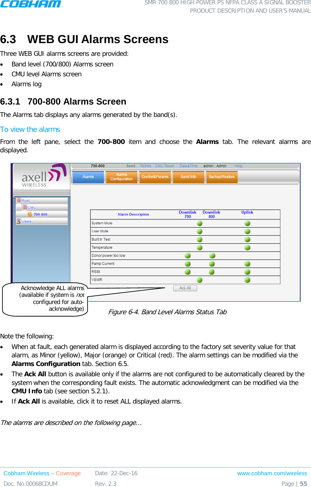  SMR 700 800 HIGH POWER PS NFPA CLASS A SIGNAL BOOSTER  PRODUCT DESCRIPTION AND USER’S MANUAL Cobham Wireless – Coverage Date: 22-Dec-16 www.cobham.com/wireless Doc. No.00068CDUM  Rev. 2.3  Page | 55  6.3  WEB GUI Alarms Screens Three WEB GUI alarms screens are provided: • Band level (700/800) Alarms screen • CMU level Alarms screen • Alarms log 6.3.1  700-800 Alarms Screen  The Alarms tab displays any alarms generated by the band(s).  To view the alarms From the left pane, select the 700-800  item and choose the Alarms tab. The relevant alarms are displayed.     Figure  6-4. Band Level Alarms Status Tab  Note the following: • When at fault, each generated alarm is displayed according to the factory set severity value for that alarm, as Minor (yellow), Major (orange) or Critical (red). The alarm settings can be modified via the Alarms Configuration tab. Section  6.5. • The Ack All button is available only if the alarms are not configured to be automatically cleared by the system when the corresponding fault exists. The automatic acknowledgment can be modified via the CMU Info tab (see section  5.2.1).  • If Ack All is available, click it to reset ALL displayed alarms.  The alarms are described on the following page… Acknowledge ALL alarms (available if system is not configured for auto-acknowledge)  