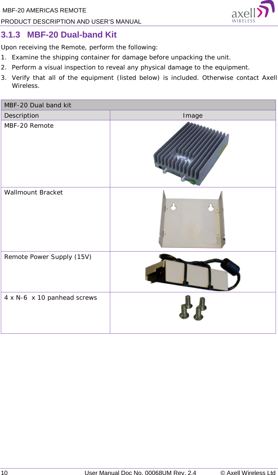  MBF-20 AMERICAS REMOTE PRODUCT DESCRIPTION AND USER’S MANUAL 10   User Manual Doc No. 00068UM Rev. 2.4 © Axell Wireless Ltd 3.1.3  MBF-20 Dual-band Kit Upon receiving the Remote, perform the following:  1.  Examine the shipping container for damage before unpacking the unit. 2.  Perform a visual inspection to reveal any physical damage to the equipment.   3.  Verify that all of the equipment (listed below) is included. Otherwise contact Axell Wireless.   MBF-20 Dual band kit     Description Image MBF-20 Remote   Wallmount Bracket  Remote Power Supply (15V)  4 x N-6  x 10 panhead screws     