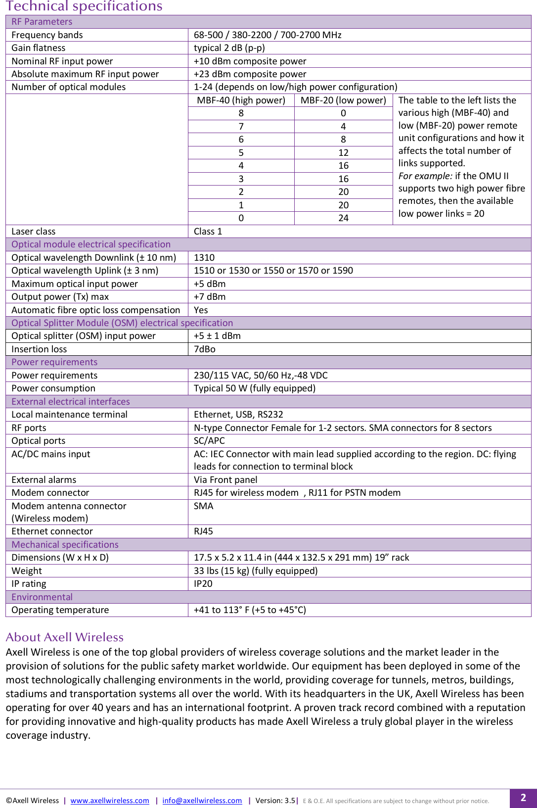 ©Axell Wireless  |  www.axellwireless.com   |  info@axellwireless.com   |  Version: 3.5|  E &amp; O.E. All specifications are subject to change without prior notice. 2  Technical specifications RF Parameters Frequency bands 68-500 / 380-2200 / 700-2700 MHz Gain flatness typical 2 dB (p-p) Nominal RF input power +10 dBm composite power Absolute maximum RF input power +23 dBm composite power Number of optical modules 1-24 (depends on low/high power configuration)  MBF-40 (high power) MBF-20 (low power) The table to the left lists the various high (MBF-40) and low (MBF-20) power remote unit configurations and how it affects the total number of links supported.  For example: if the OMU II supports two high power fibre remotes, then the available low power links = 20 8 0 7 4 6 8 5 12 4 16 3 16 2 20 1 20 0 24 Laser class Class 1 Optical module electrical specification Optical wavelength Downlink (± 10 nm) 1310  Optical wavelength Uplink (± 3 nm) 1510 or 1530 or 1550 or 1570 or 1590 Maximum optical input power  +5 dBm Output power (Tx) max  +7 dBm Automatic fibre optic loss compensation  Yes Optical Splitter Module (OSM) electrical specification Optical splitter (OSM) input power  +5 ± 1 dBm Insertion loss 7dBo Power requirements Power requirements 230/115 VAC, 50/60 Hz,-48 VDC Power consumption Typical 50 W (fully equipped) External electrical interfaces Local maintenance terminal Ethernet, USB, RS232 RF ports N-type Connector Female for 1-2 sectors. SMA connectors for 8 sectors Optical ports SC/APC AC/DC mains input AC: IEC Connector with main lead supplied according to the region. DC: flying leads for connection to terminal block External alarms Via Front panel Modem connector RJ45 for wireless modem  , RJ11 for PSTN modem Modem antenna connector (Wireless modem) SMA Ethernet connector RJ45 Mechanical specifications Dimensions (W x H x D) 17.5 x 5.2 x 11.4 in (444 x 132.5 x 291 mm) 19” rack Weight 33 lbs (15 kg) (fully equipped) IP rating IP20 Environmental  Operating temperature  +41 to 113° F (+5 to +45°C)  About Axell Wireless   Axell Wireless is one of the top global providers of wireless coverage solutions and the market leader in the provision of solutions for the public safety market worldwide. Our equipment has been deployed in some of the most technologically challenging environments in the world, providing coverage for tunnels, metros, buildings, stadiums and transportation systems all over the world. With its headquarters in the UK, Axell Wireless has been operating for over 40 years and has an international footprint. A proven track record combined with a reputation for providing innovative and high-quality products has made Axell Wireless a truly global player in the wireless coverage industry. 