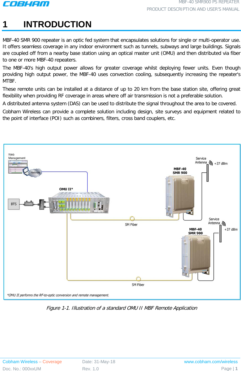 MBF-40 SMR900 PS REPEATER PRODUCT DESCRIPTION AND USER’S MANUAL   Cobham Wireless – Coverage Date: 31-May-18 www.cobham.com/wireless Doc. No.: 000xxUM Rev. 1.0 Page | 1  1  INTRODUCTION MBF-40 SMR 900 repeater is an optic fed system that encapsulates solutions for single or multi-operator use. It offers seamless coverage in any indoor environment such as tunnels, subways and large buildings. Signals are coupled off from a nearby base station using an optical master unit (OMU) and then distributed via fiber to one or more MBF-40 repeaters.  The MBF-40&apos;s high output power allows for greater coverage whilst deploying fewer units. Even though providing high output power, the MBF-40 uses convection cooling, subsequently increasing the repeater&apos;s MTBF. These remote units can be installed at a distance of up to 20 km from the base station site, offering great flexibility when providing RF coverage in areas where off air transmission is not a preferable solution. A distributed antenna system (DAS) can be used to distribute the signal throughout the area to be covered. Cobham Wireless can provide a complete solution including design, site surveys and equipment related to the point of interface (POI) such as combiners, filters, cross band couplers, etc.    Figure  1-1. Illustration of a standard OMU II MBF Remote Application    