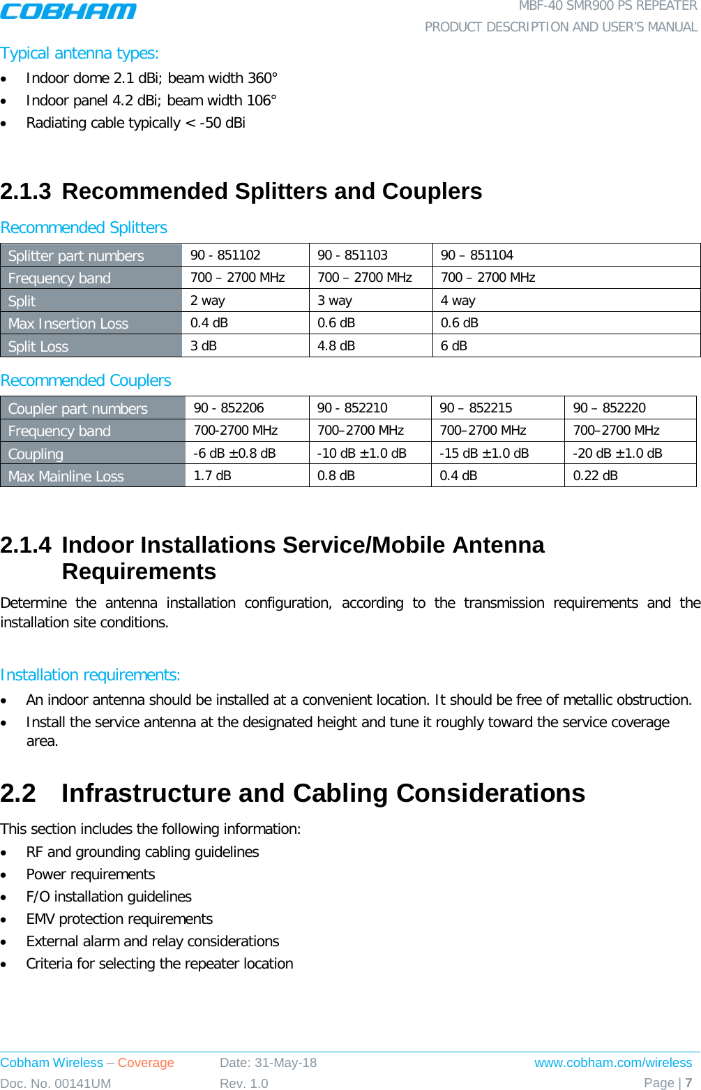  MBF-40 SMR900 PS REPEATER PRODUCT DESCRIPTION AND USER’S MANUAL Cobham Wireless – Coverage Date: 31-May-18 www.cobham.com/wireless Doc. No. 00141UM Rev. 1.0 Page | 7  Typical antenna types: • Indoor dome 2.1 dBi; beam width 360° • Indoor panel 4.2 dBi; beam width 106° • Radiating cable typically &lt; -50 dBi  2.1.3 Recommended Splitters and Couplers Recommended Splitters  Splitter part numbers 90 - 851102 90 - 851103 90 – 851104 Frequency band 700 – 2700 MHz 700 – 2700 MHz 700 – 2700 MHz Split  2 way 3 way 4 way Max Insertion Loss 0.4 dB  0.6 dB  0.6 dB Split Loss 3 dB 4.8 dB 6 dB Recommended Couplers Coupler part numbers 90 - 852206 90 - 852210 90 – 852215 90 – 852220 Frequency band 700-2700 MHz 700–2700 MHz 700–2700 MHz 700–2700 MHz Coupling -6 dB ±0.8 dB  -10 dB ±1.0 dB  -15 dB ±1.0 dB  -20 dB ±1.0 dB Max Mainline Loss 1.7 dB  0.8 dB 0.4 dB 0.22 dB  2.1.4 Indoor Installations Service/Mobile Antenna Requirements Determine the antenna installation configuration, according to the transmission requirements and the installation site conditions.  Installation requirements: • An indoor antenna should be installed at a convenient location. It should be free of metallic obstruction. • Install the service antenna at the designated height and tune it roughly toward the service coverage area. 2.2  Infrastructure and Cabling Considerations This section includes the following information: • RF and grounding cabling guidelines • Power requirements • F/O installation guidelines • EMV protection requirements • External alarm and relay considerations • Criteria for selecting the repeater location 