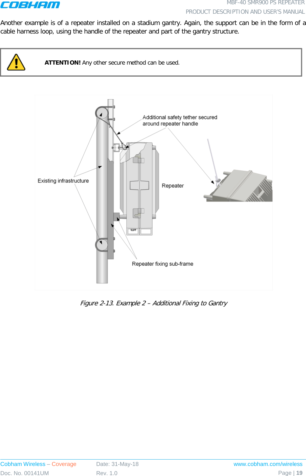  MBF-40 SMR900 PS REPEATER PRODUCT DESCRIPTION AND USER’S MANUAL Cobham Wireless – Coverage Date: 31-May-18 www.cobham.com/wireless Doc. No. 00141UM Rev. 1.0 Page | 19  Another example is of a repeater installed on a stadium gantry. Again, the support can be in the form of a cable harness loop, using the handle of the repeater and part of the gantry structure.   ATTENTION! Any other secure method can be used.    Figure  2-13. Example 2 – Additional Fixing to Gantry   