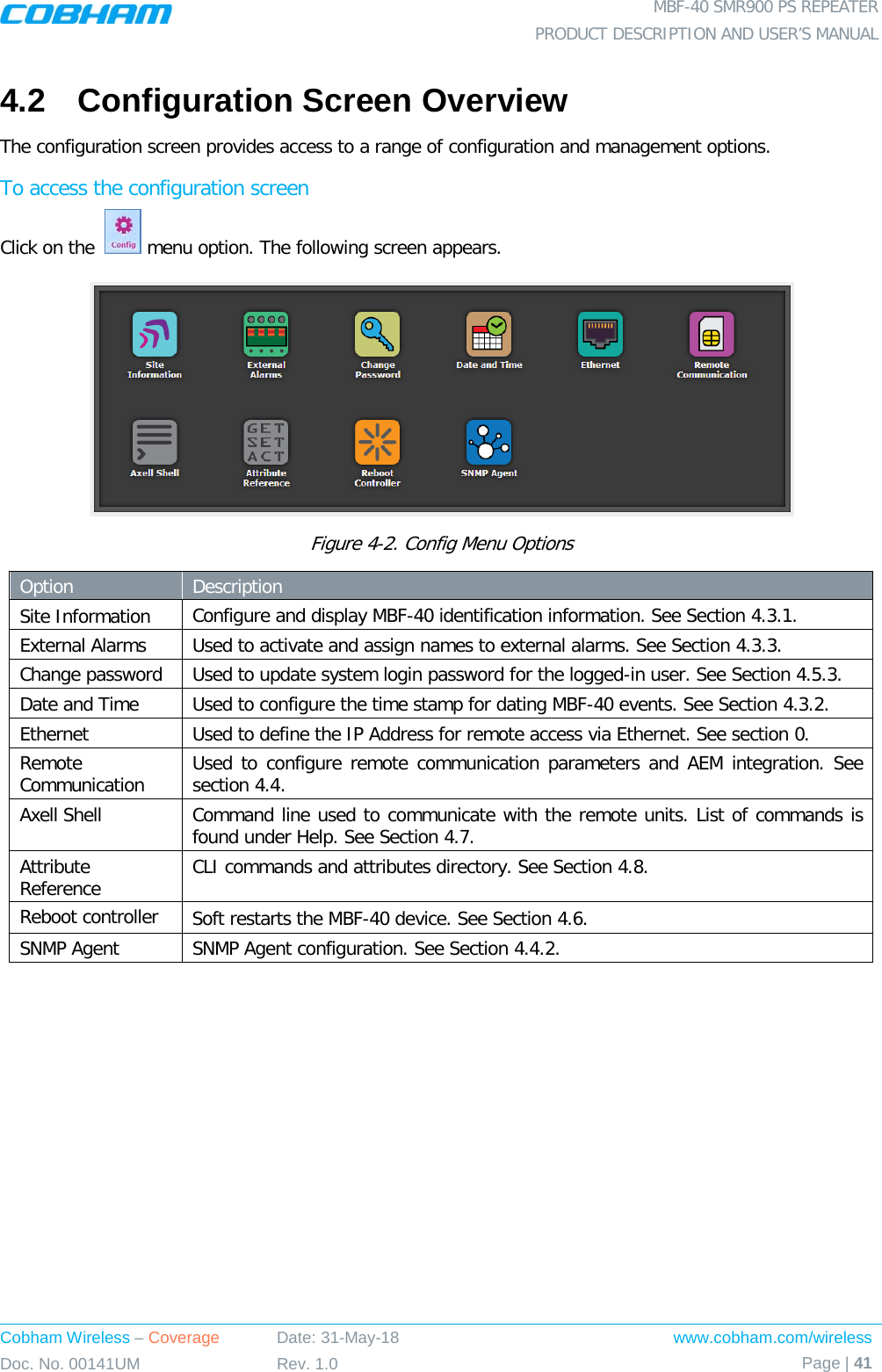  MBF-40 SMR900 PS REPEATER PRODUCT DESCRIPTION AND USER’S MANUAL Cobham Wireless – Coverage Date: 31-May-18 www.cobham.com/wireless Doc. No. 00141UM Rev. 1.0 Page | 41  4.2  Configuration Screen Overview The configuration screen provides access to a range of configuration and management options. To access the configuration screen Click on the   menu option. The following screen appears.  Figure  4-2. Config Menu Options Option  Description Site Information Configure and display MBF-40 identification information. See Section  4.3.1. External Alarms Used to activate and assign names to external alarms. See Section  4.3.3. Change password Used to update system login password for the logged-in user. See Section  4.5.3. Date and Time Used to configure the time stamp for dating MBF-40 events. See Section  4.3.2. Ethernet Used to define the IP Address for remote access via Ethernet. See section  0. Remote Communication Used to configure remote communication parameters and AEM integration. See section  4.4. Axell Shell  Command line used to communicate with the remote units. List of commands is found under Help. See Section  4.7. Attribute Reference CLI commands and attributes directory. See Section  4.8. Reboot controller Soft restarts the MBF-40 device. See Section  4.6. SNMP Agent SNMP Agent configuration. See Section  4.4.2.   