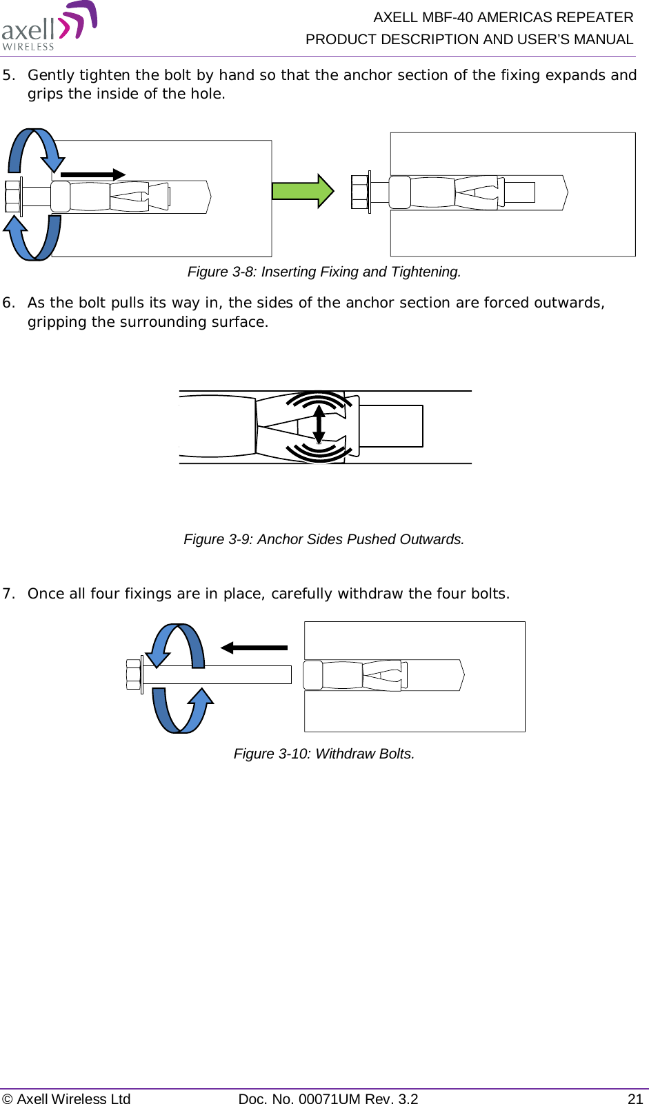   AXELL MBF-40 AMERICAS REPEATER PRODUCT DESCRIPTION AND USER’S MANUAL © Axell Wireless Ltd Doc. No. 00071UM Rev. 3.2 21 5.  Gently tighten the bolt by hand so that the anchor section of the fixing expands and grips the inside of the hole.                   Figure  3-8: Inserting Fixing and Tightening. 6.  As the bolt pulls its way in, the sides of the anchor section are forced outwards, gripping the surrounding surface.  Figure  3-9: Anchor Sides Pushed Outwards.  7.  Once all four fixings are in place, carefully withdraw the four bolts.   Figure  3-10: Withdraw Bolts.   