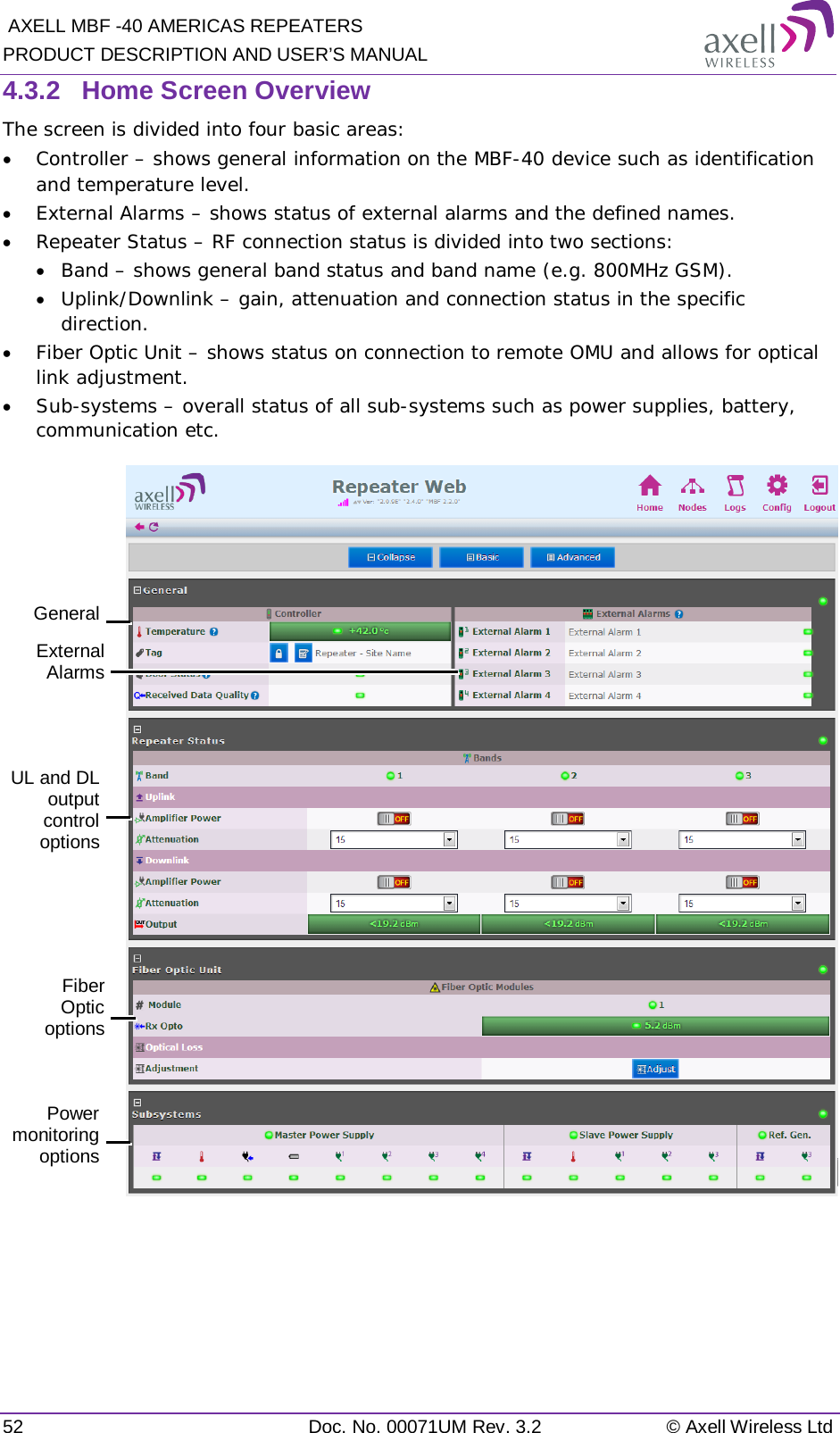  AXELL MBF -40 AMERICAS REPEATERS PRODUCT DESCRIPTION AND USER’S MANUAL 52 Doc. No. 00071UM Rev. 3.2 © Axell Wireless Ltd 4.3.2  Home Screen Overview The screen is divided into four basic areas: • Controller – shows general information on the MBF-40 device such as identification and temperature level. • External Alarms – shows status of external alarms and the defined names. • Repeater Status – RF connection status is divided into two sections: • Band – shows general band status and band name (e.g. 800MHz GSM). • Uplink/Downlink – gain, attenuation and connection status in the specific direction. • Fiber Optic Unit – shows status on connection to remote OMU and allows for optical link adjustment. • Sub-systems – overall status of all sub-systems such as power supplies, battery, communication etc.     General External Alarms UL and DL output control options Fiber Optic options Power monitoring options 