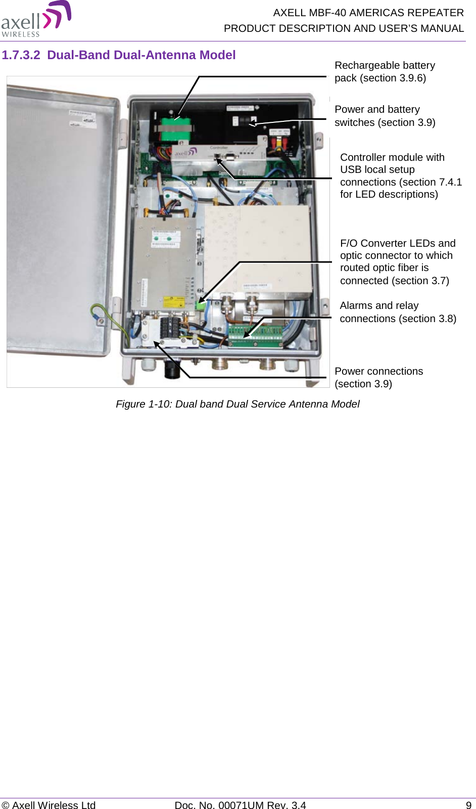   AXELL MBF-40 AMERICAS REPEATER PRODUCT DESCRIPTION AND USER’S MANUAL © Axell Wireless Ltd Doc. No. 00071UM Rev. 3.4  9 1.7.3.2  Dual-Band Dual-Antenna Model    Figure  1-10: Dual band Dual Service Antenna Model   F/O Converter LEDs and optic connector to which routed optic fiber is connected (section  3.7) Power connections (section  3.9) Controller module with USB local setup connections (section  7.4.1 for LED descriptions) Rechargeable battery pack (section  3.9.6) Power and battery switches (section  3.9)  Alarms and relay connections (section  3.8)  