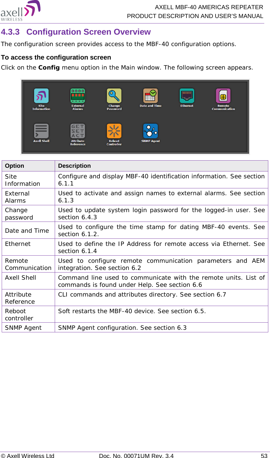   AXELL MBF-40 AMERICAS REPEATER PRODUCT DESCRIPTION AND USER’S MANUAL © Axell Wireless Ltd Doc. No. 00071UM Rev. 3.4 53 4.3.3  Configuration Screen Overview The configuration screen provides access to the MBF-40 configuration options. To access the configuration screen Click on the Config menu option in the Main window. The following screen appears.  Option Description Site Information Configure and display MBF-40 identification information. See section  6.1.1  External Alarms Used to activate and assign names to external alarms. See section  6.1.3 Change password Used to update system login password for the logged-in user. See section  6.4.3 Date and Time Used to configure the time stamp for dating MBF-40 events. See section  6.1.2. Ethernet Used to define the IP Address for remote access via Ethernet. See section  6.1.4 Remote Communication Used to configure remote communication parameters and AEM integration. See section  6.2 Axell Shell Command line used to communicate with the remote units. List of commands is found under Help. See section  6.6 Attribute Reference CLI commands and attributes directory. See section  6.7 Reboot controller Soft restarts the MBF-40 device. See section  6.5. SNMP Agent SNMP Agent configuration. See section  6.3    