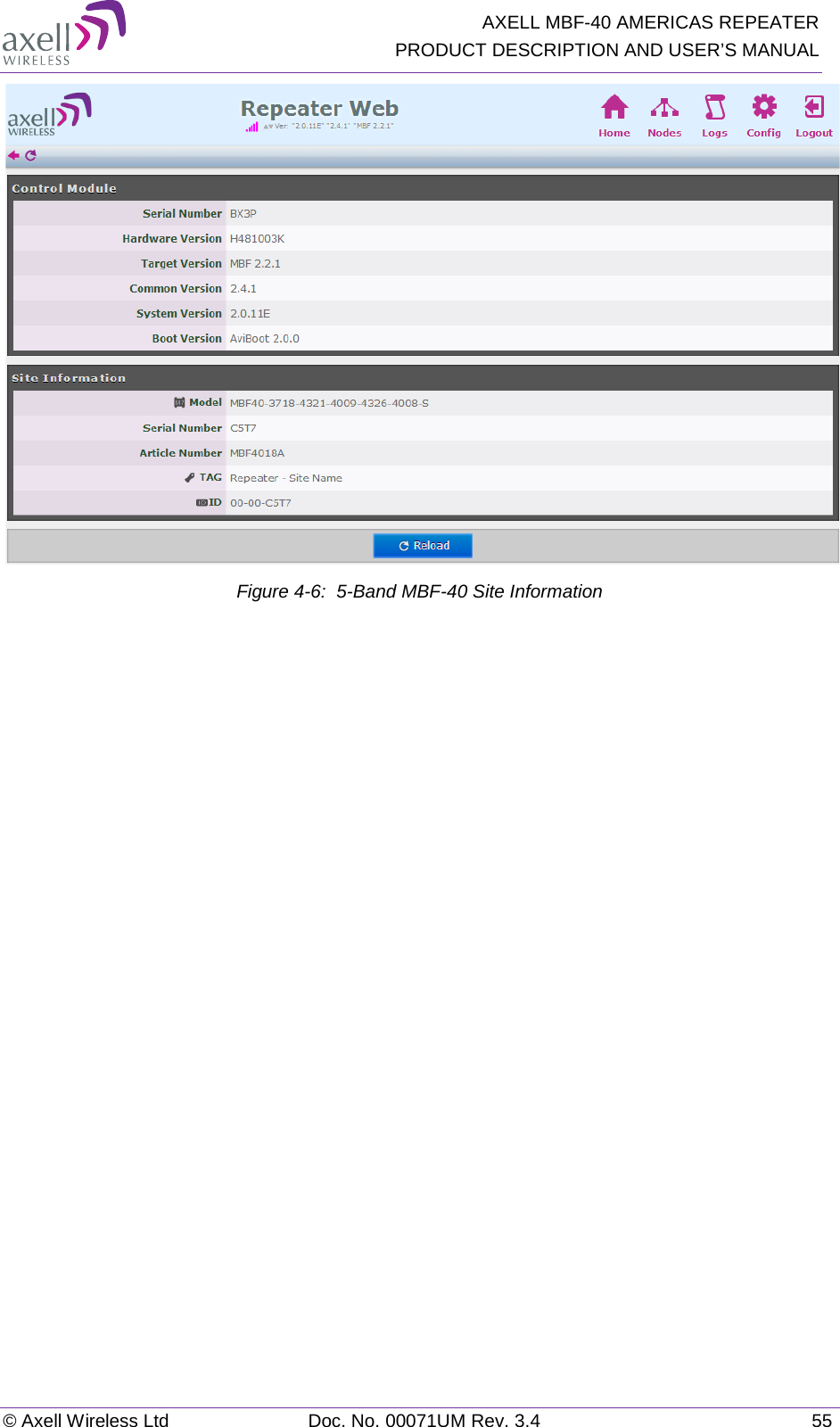   AXELL MBF-40 AMERICAS REPEATER PRODUCT DESCRIPTION AND USER’S MANUAL © Axell Wireless Ltd Doc. No. 00071UM Rev. 3.4 55  Figure  4-6:  5-Band MBF-40 Site Information 