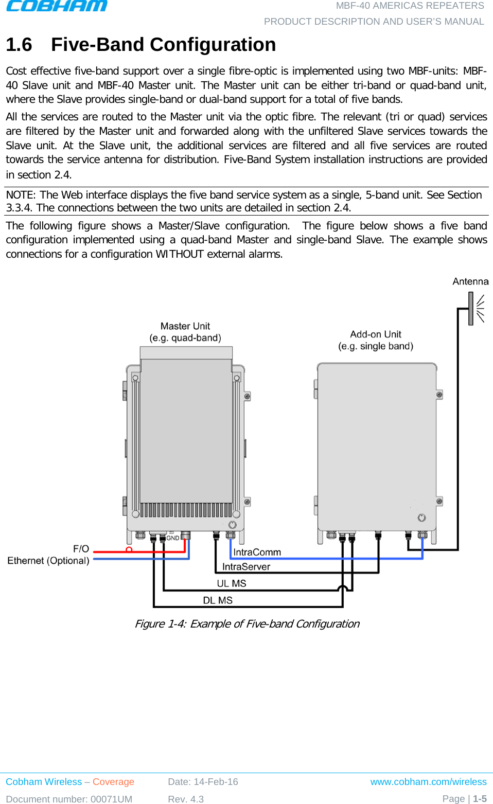   MBF-40 AMERICAS REPEATERS PRODUCT DESCRIPTION AND USER’S MANUAL Cobham Wireless – Coverage Date: 14-Feb-16 www.cobham.com/wireless Document number: 00071UM Rev. 4.3 Page | 1-5  1.6  Five-Band Configuration Cost effective five-band support over a single fibre-optic is implemented using two MBF-units: MBF-40 Slave unit and MBF-40 Master unit. The Master unit can be either tri-band or quad-band unit, where the Slave provides single-band or dual-band support for a total of five bands. All the services are routed to the Master unit via the optic fibre. The relevant (tri or quad) services are filtered by the Master unit and forwarded along with the unfiltered Slave services towards the Slave unit. At the Slave unit, the additional services are filtered and all five services are routed towards the service antenna for distribution. Five-Band System installation instructions are provided in section  2.4. NOTE: The Web interface displays the five band service system as a single, 5-band unit. See Section  3.3.4. The connections between the two units are detailed in section  2.4. The following figure shows a Master/Slave configuration.  The figure below shows a five band configuration implemented using a quad-band Master and single-band Slave. The example shows connections for a configuration WITHOUT external alarms.  Figure  1-4: Example of Five-band Configuration   