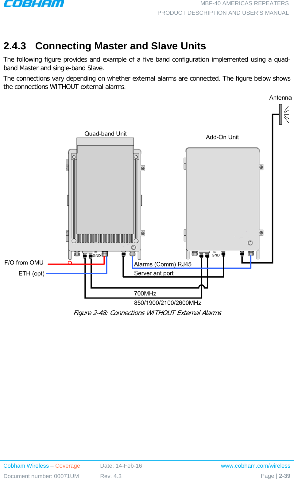   MBF-40 AMERICAS REPEATERS PRODUCT DESCRIPTION AND USER’S MANUAL Cobham Wireless – Coverage Date: 14-Feb-16 www.cobham.com/wireless Document number: 00071UM Rev. 4.3 Page | 2-39   2.4.3  Connecting Master and Slave Units The following figure provides and example of a five band configuration implemented using a quad-band Master and single-band Slave. The connections vary depending on whether external alarms are connected. The figure below shows the connections WITHOUT external alarms.   Figure  2-48: Connections WITHOUT External Alarms   