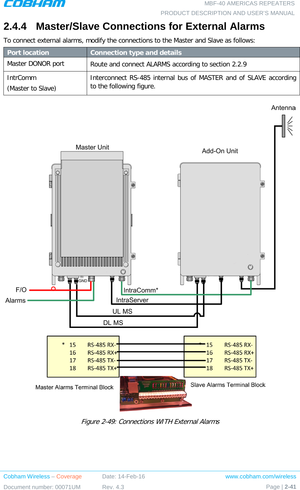   MBF-40 AMERICAS REPEATERS PRODUCT DESCRIPTION AND USER’S MANUAL Cobham Wireless – Coverage Date: 14-Feb-16 www.cobham.com/wireless Document number: 00071UM Rev. 4.3 Page | 2-41  2.4.4  Master/Slave Connections for External Alarms To connect external alarms, modify the connections to the Master and Slave as follows: Port location Connection type and details Master DONOR port Route and connect ALARMS according to section  2.2.9 IntrComm  (Master to Slave)   Interconnect RS-485 internal bus of MASTER and of SLAVE according to the following figure.    Figure  2-49: Connections WITH External Alarms 