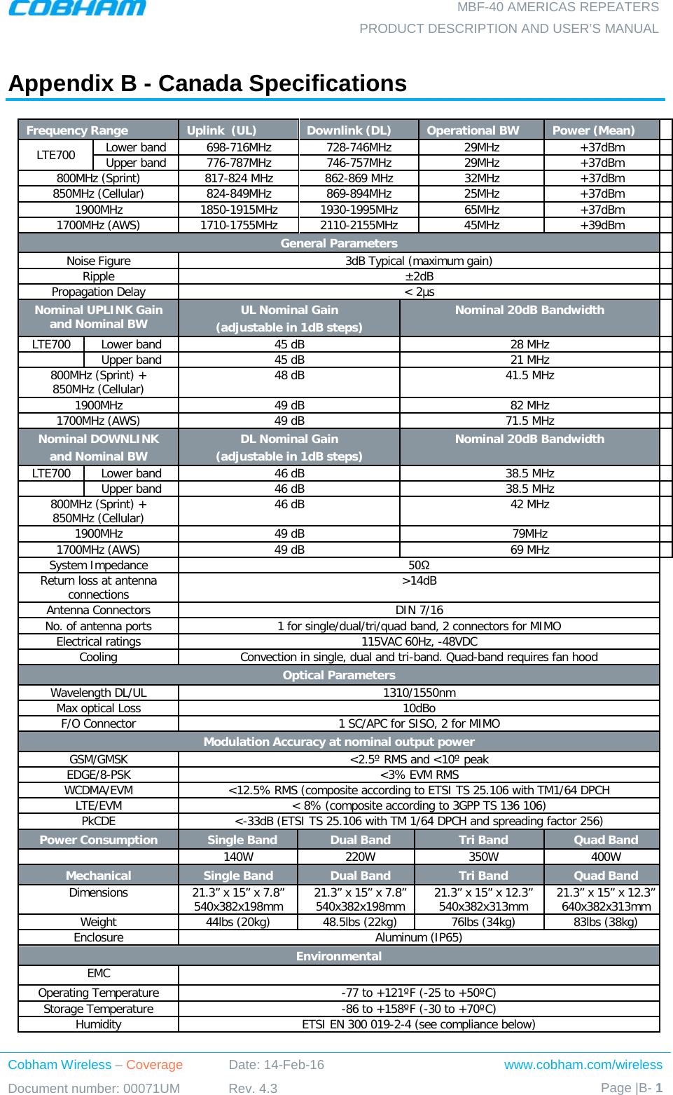  MBF-40 AMERICAS REPEATERS PRODUCT DESCRIPTION AND USER’S MANUAL Cobham Wireless – Coverage Date: 14-Feb-16 www.cobham.com/wireless Document number: 00071UM Rev. 4.3 Page |B- 1   Appendix B - Canada Specifications Frequency Range  Uplink  (UL) Downlink (DL) Operational BW Power (Mean)   LTE700 Lower band 698-716MHz 728-746MHz 29MHz +37dBm    Upper band 776-787MHz 746-757MHz 29MHz +37dBm   800MHz (Sprint) 817-824 MHz 862-869 MHz 32MHz +37dBm    850MHz (Cellular) 824-849MHz 869-894MHz 25MHz +37dBm    1900MHz  1850-1915MHz 1930-1995MHz 65MHz +37dBm   1700MHz (AWS) 1710-1755MHz 2110-2155MHz 45MHz +39dBm    General Parameters   Noise Figure 3dB Typical (maximum gain)   Ripple  ±2dB    Propagation Delay &lt; 2µs   Nominal UPLINK Gain and Nominal BW UL Nominal Gain (adjustable in 1dB steps) Nominal 20dB Bandwidth   LTE700 Lower band 45 dB 28 MHz    Upper band 45 dB 21 MHz   800MHz (Sprint) +  850MHz (Cellular) 48 dB 41.5 MHz   1900MHz  49 dB 82 MHz    1700MHz (AWS) 49 dB 71.5 MHz    Nominal DOWNLINK  and Nominal BW DL Nominal Gain (adjustable in 1dB steps) Nominal 20dB Bandwidth   LTE700 Lower band 46 dB 38.5 MHz     Upper band 46 dB 38.5 MHz   800MHz (Sprint) +  850MHz (Cellular) 46 dB 42 MHz   1900MHz  49 dB 79MHz   1700MHz (AWS) 49 dB 69 MHz    System Impedance 50Ω Return loss at antenna connections &gt;14dB Antenna Connectors DIN 7/16 No. of antenna ports 1 for single/dual/tri/quad band, 2 connectors for MIMO Electrical ratings 115VAC 60Hz, -48VDC Cooling Convection in single, dual and tri-band. Quad-band requires fan hood Optical Parameters Wavelength DL/UL 1310/1550nm Max optical Loss 10dBo F/O Connector 1 SC/APC for SISO, 2 for MIMO Modulation Accuracy at nominal output power GSM/GMSK &lt;2.5º RMS and &lt;10º peak EDGE/8-PSK &lt;3% EVM RMS WCDMA/EVM &lt;12.5% RMS (composite according to ETSI TS 25.106 with TM1/64 DPCH LTE/EVM &lt; 8% (composite according to 3GPP TS 136 106) PkCDE &lt;-33dB (ETSI TS 25.106 with TM 1/64 DPCH and spreading factor 256) Power Consumption Single Band Dual Band Tri Band Quad Band  140W 220W 350W 400W Mechanical Single Band Dual Band Tri Band Quad Band Dimensions 21.3” x 15” x 7.8” 540x382x198mm 21.3” x 15” x 7.8” 540x382x198mm 21.3” x 15” x 12.3” 540x382x313mm 21.3” x 15” x 12.3” 640x382x313mm Weight 44lbs (20kg) 48.5lbs (22kg) 76lbs (34kg) 83lbs (38kg) Enclosure Aluminum (IP65) Environmental EMC IC Operating Temperature  -77 to +121ºF (-25 to +50ºC) Storage Temperature -86 to +158ºF (-30 to +70ºC) Humidity ETSI EN 300 019-2-4 (see compliance below) 