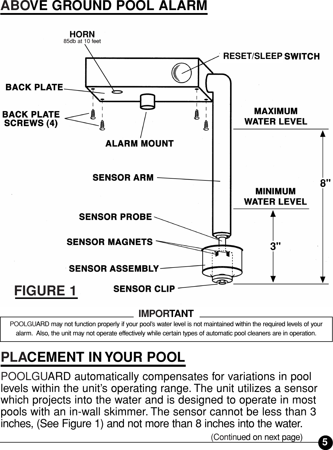 IMPORTANTPOOLGUARD may not function properly if your pool’s water level is not maintained within the required levels of youralarm. Also, the unit may not operate effectively while certain types of automatic pool cleaners are in operation.ABOVE GROUND POOL ALARMRESET/SLEEPHORN85db at 10 feetPLACEMENT IN YOUR POOLPOOLGUARD automatically compensates for variations in poollevels within the unit’s operating range. The unit utilizes a sensorwhich projects into the water and is designed to operate in mostpools with an in-wall skimmer. The sensor cannot be less than 3inches, (See Figure 1) and not more than 8 inches into the water.FIGURE 15(Continued on next page)