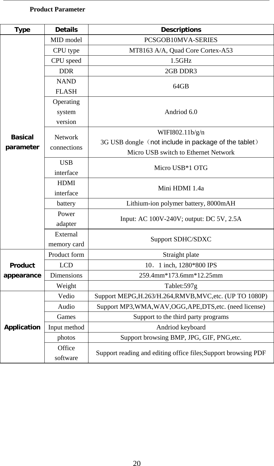    20 Product Parameter  Type  Details  Descriptions Basical parameter MID model  PCSGOB10MVA-SERIES CPU type  MT8163 A/A, Quad Core Cortex-A53 CPU speed  1.5GHz DDR   2GB DDR3 NAND FLASH  64GB Operating system version Andriod 6.0 Network connections WIFI802.11b/g/n 3G USB dongle（not include in package of the tablet） Micro USB switch to Ethernet Network USB interface  Micro USB*1 OTG HDMI interface  Mini HDMI 1.4a battery  Lithium-ion polymer battery, 8000mAH Power adapter  Input: AC 100V-240V; output: DC 5V, 2.5A External memory card  Support SDHC/SDXC Product appearance Product form  Straight plate LCD 10．1 inch, 1280*800 IPS Dimensions 259.4mm*173.6mm*12.25mm Weight Tablet:597g Application Vedio  Support MEPG,H.263/H.264,RMVB,MVC,etc. (UP TO 1080P) Audio  Support MP3,WMA,WAV,OGG,APE,DTS,etc. (need license) Games  Support to the third party programs Input method  Andriod keyboard photos  Support browsing BMP, JPG, GIF, PNG,etc. Office software  Support reading and editing office files;Support browsing PDF  