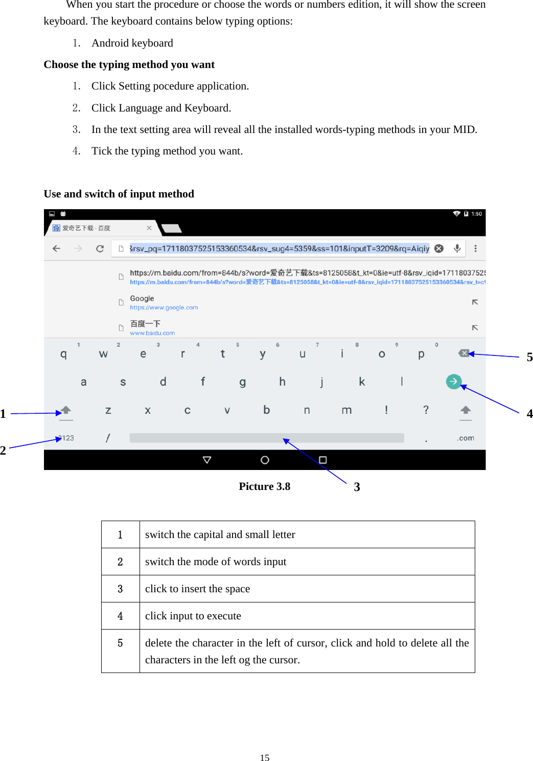     15When you start the procedure or choose the words or numbers edition, it will show the screen keyboard. The keyboard contains below typing options: 1. Android keyboard     Choose the typing method you want 1. Click Setting pocedure application. 2. Click Language and Keyboard. 3. In the text setting area will reveal all the installed words-typing methods in your MID.   4. Tick the typing method you want.  Use and switch of input method  Picture 3.8  1  switch the capital and small letter   2  switch the mode of words input   3  click to insert the space 4  click input to execute 5  delete the character in the left of cursor, click and hold to delete all the characters in the left og the cursor.    1 2 345