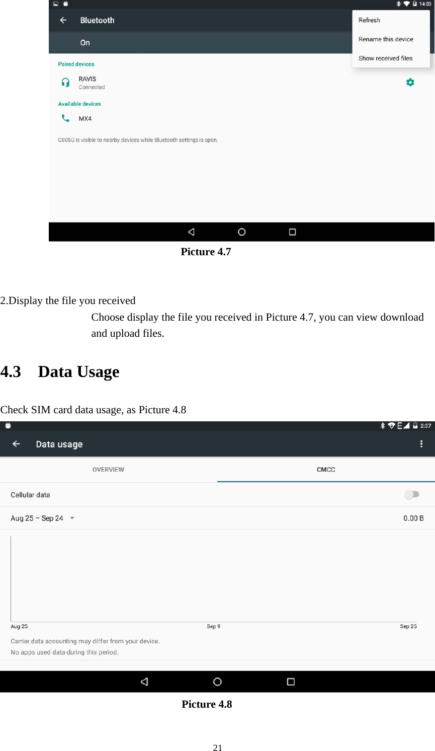     21                         Picture 4.7   2.Display the file you received Choose display the file you received in Picture 4.7, you can view download and upload files. 4.3  Data Usage Check SIM card data usage, as Picture 4.8                                   Picture 4.8  