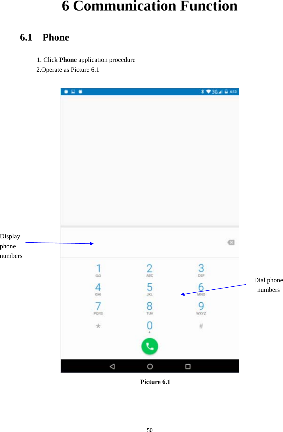     506 Communication Function 6.1  Phone 1. Click Phone application procedure 2.Operate as Picture 6.1   Picture 6.1   Display phone numbers Dial phone numbers 