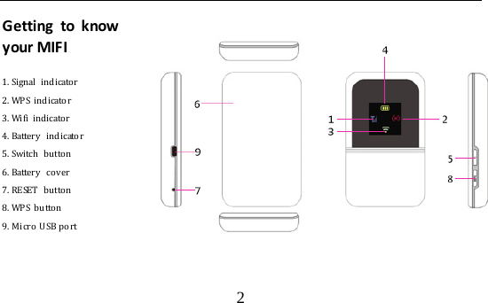  2  Getting to know your MIFI  1. Signal  indicator 2. WPS  indicator 3. Wifi indicator 4. Battery   indicator 5. Switch  button 6. Battery  cover 7. RESET  button 8. WPS  button 9. Micro USB port    