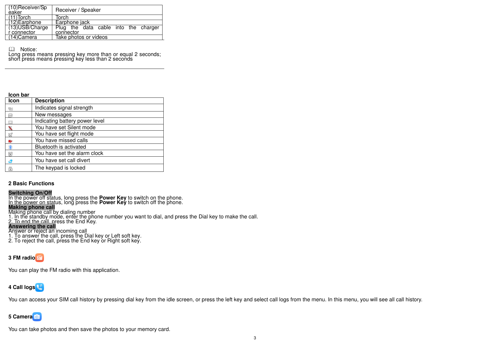    3    (10)Receiver/Speaker Receiver / Speaker (11)Torch Torch (12)Earphone Earphone jack (13)USB/Charger connector   Plug  the  data  cable  into  the  charger connector   (14)Camera Take photos or videos   Notice: Long press means pressing key more than or equal 2 seconds; short press means pressing key less than 2 seconds      Icon bar Icon Description  Indicates signal strength  New messages  Indicating battery power level  You have set Silent mode  You have set flight mode  You have missed calls  Bluetooth is activated  You have set the alarm clock  You have set call divert  The keypad is locked  2 Basic Functions Switching On/Off In the power off status, long press the Power Key to switch on the phone. In the power on status, long press the Power Key to switch off the phone. Making phone call Making phone call by dialing number 1. In the standby mode, enter the phone number you want to dial, and press the Dial key to make the call. 2. To end the call, press the End Key. Answering the call Answer or reject an incoming call 1. To answer the call, press the Dial key or Left soft key. 2. To reject the call, press the End key or Right soft key.  3 FM radio  You can play the FM radio with this application.  4 Call logs  You can access your SIM call history by pressing dial key from the idle screen, or press the left key and select call logs from the menu. In this menu, you will see all call history.  5 Camera  You can take photos and then save the photos to your memory card. 