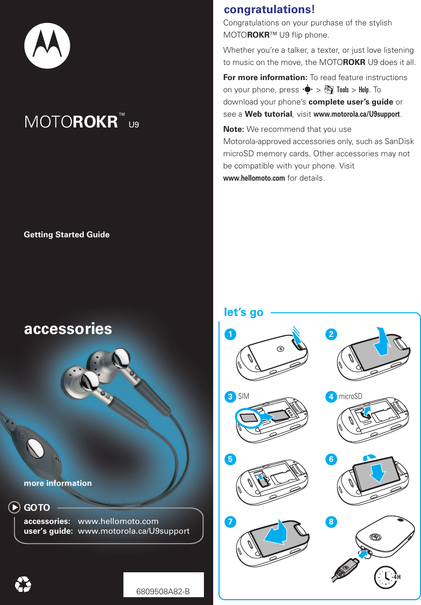 Page 1 of 10 - MOTOROKR U9 Getting Started Guide Quick Start Motorola-motorokr-u9-quick-start-guide