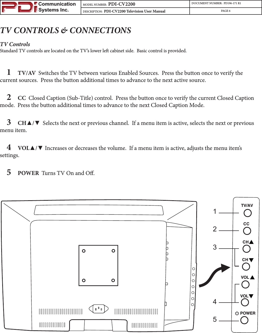                         Communication                    Systems Inc.MODEL NUMBER:  PDI-CV2200 DOCUMENT NUMBER:  PD196-171 R1DESCRIPTION:  PDI-CV2200 Television User Manual PAGE 6TV CONTROLS &amp; CONNECTIONSTV ControlsStandard TV controls are located on the TV’s lower le cabinet side.  Basic control is provided.1TV/AV  Switches the TV between various Enabled Sources.  Press the button once to verify the current sources.  Press the button additional times to advance to the next active source.2CC  Closed Caption (Sub-Title) control.  Press the button once to verify the current Closed Caption mode.  Press the button additional times to advance to the next Closed Caption Mode.3CHŸ/źSelects the next or previous channel.  If a menu item is active, selects the next or previous menu item.4VOLŸ/źIncreases or decreases the volume.  If a menu item is active, adjusts the menu item’s settings.5POWER  Turns TV On and O.TV/AVCCCHVOLPOWERCHVOL12345